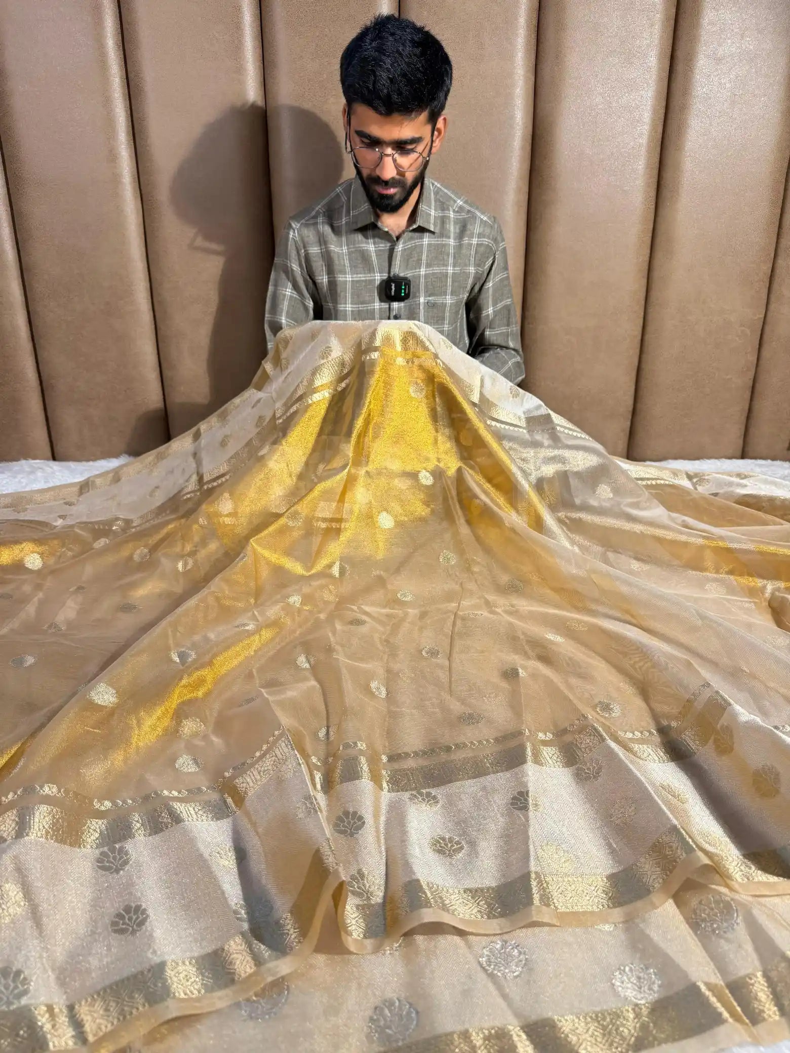 Golden Copper Tissue Silk Khaddi Buti Banarasi Saree