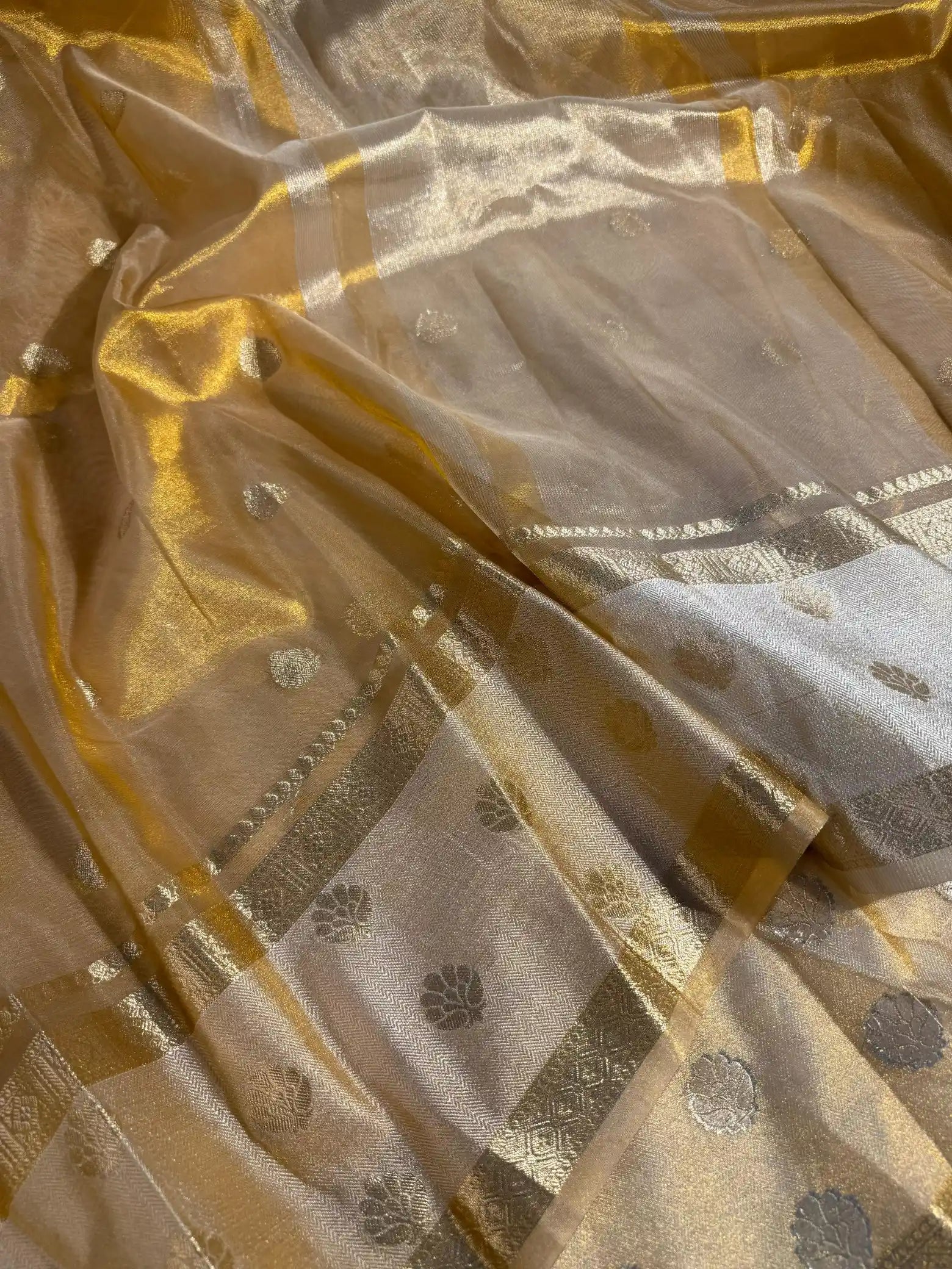 Golden Copper Tissue Silk Khaddi Buti Banarasi Saree
