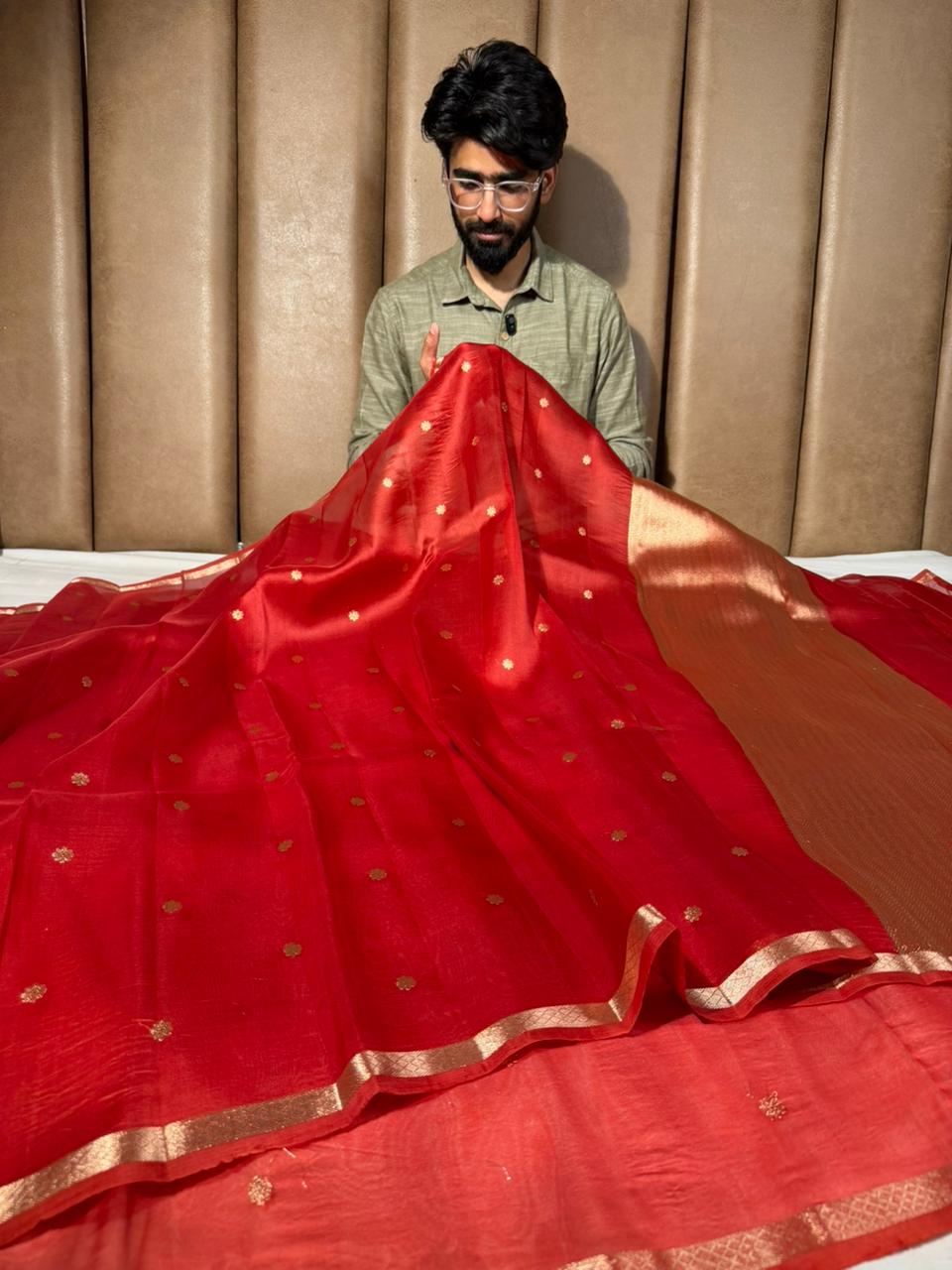 Bright Red Zari Buti Handwoven Organza Banarasi Saree