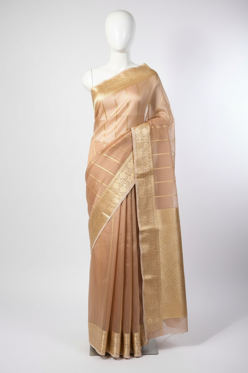 Ivory Gold Vertical Stripes Handwoven Organza Saree