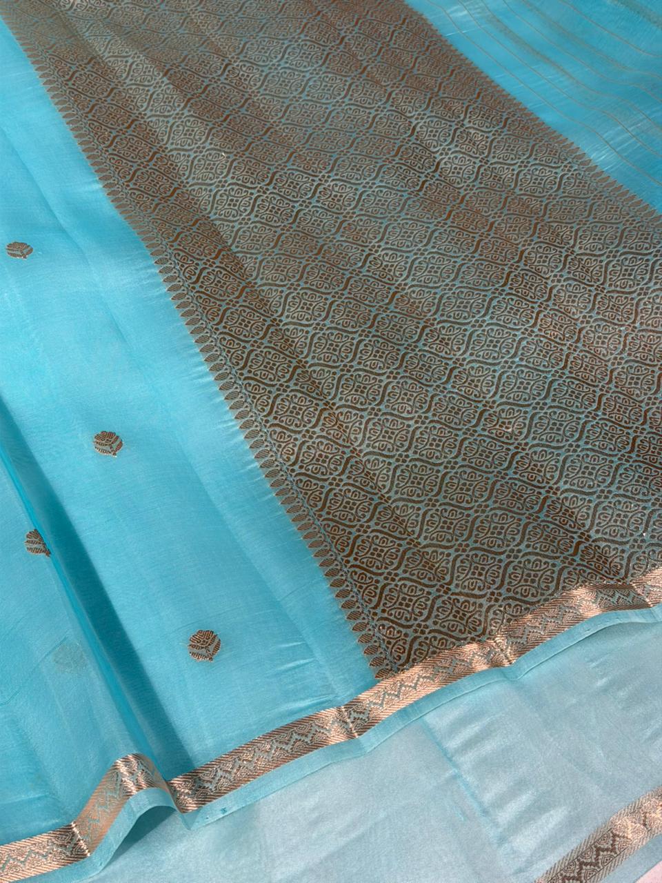 Firozi Blue Zari Buti Weave Organza Banarasi Saree