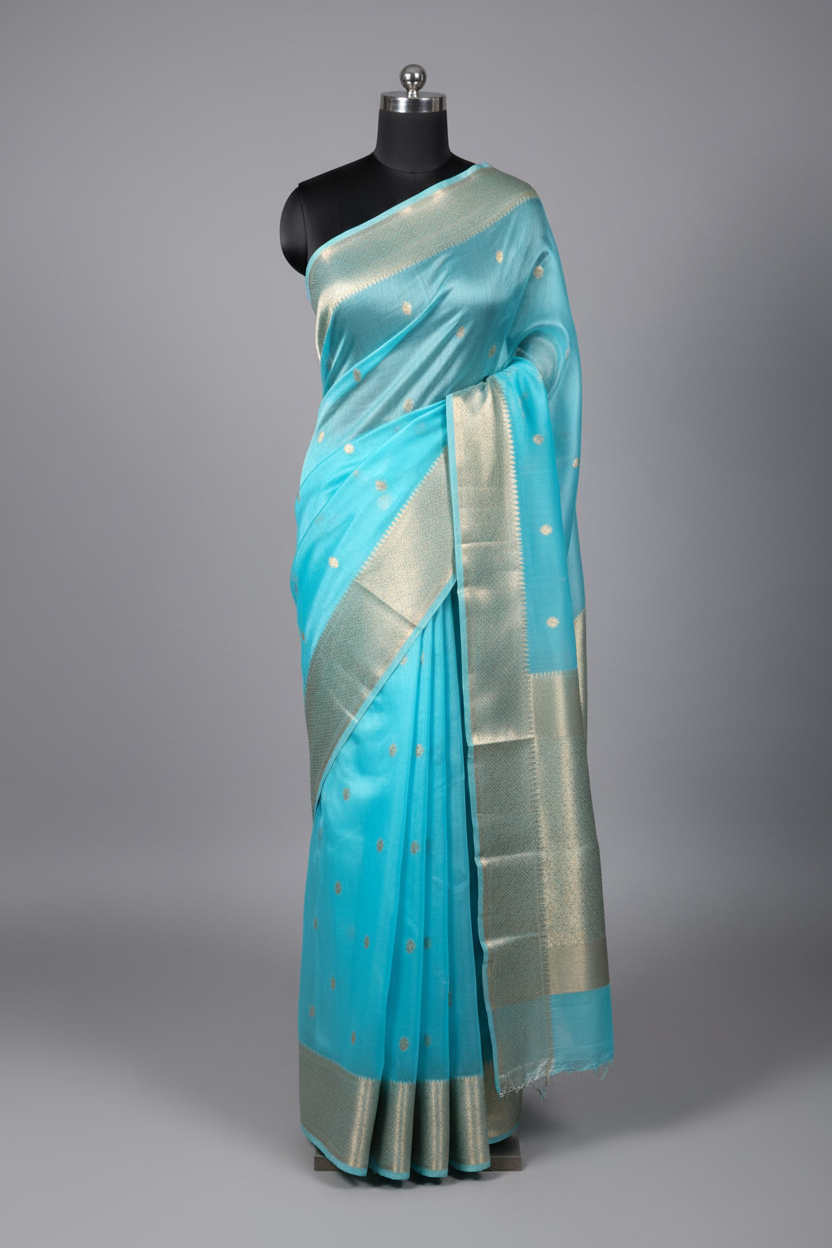 Firozi Blue Zari Buti Weave Organza Banarasi Saree