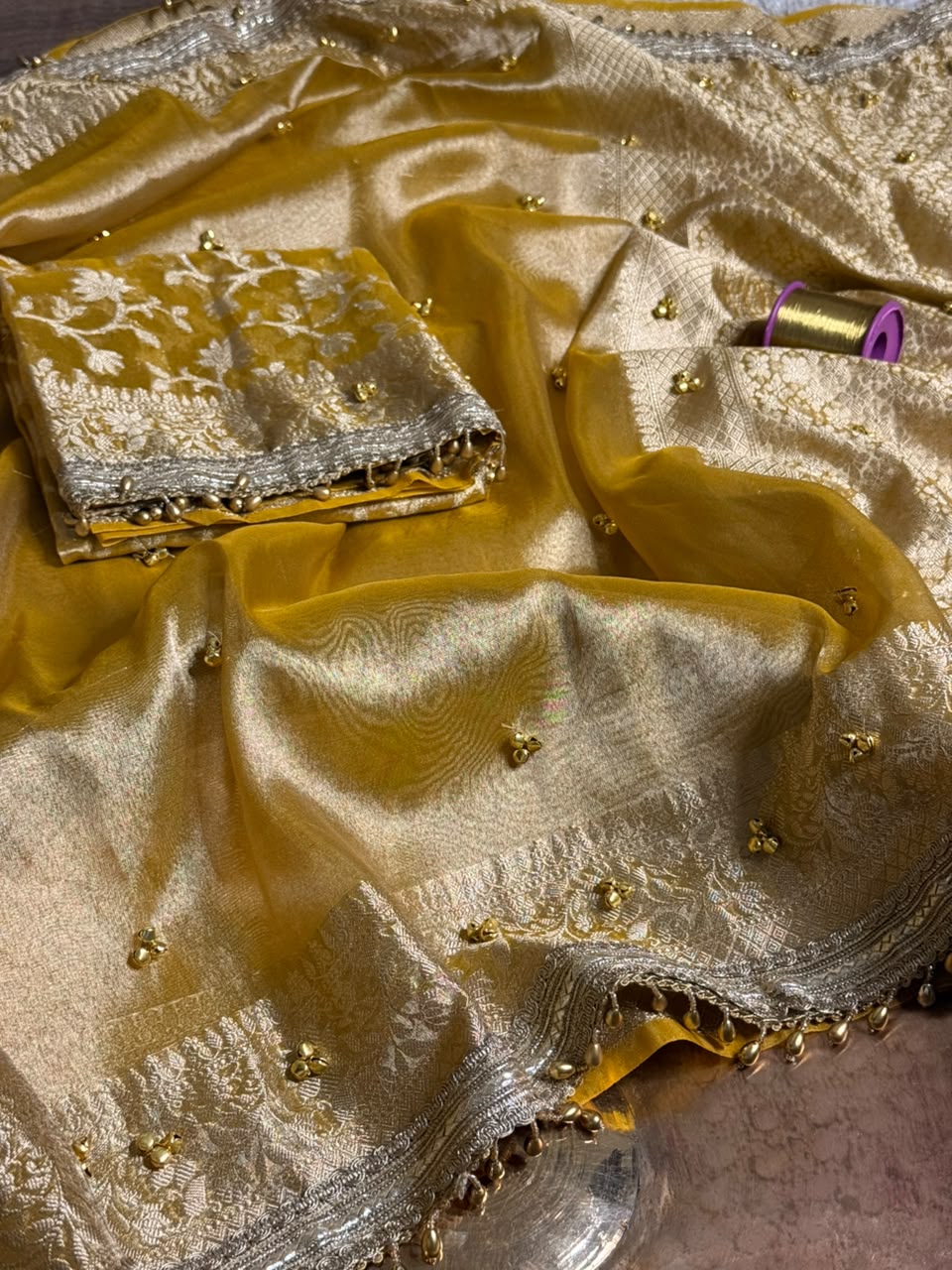 Metallic Yellow Kora Tissue Viral Ghungroo Saree