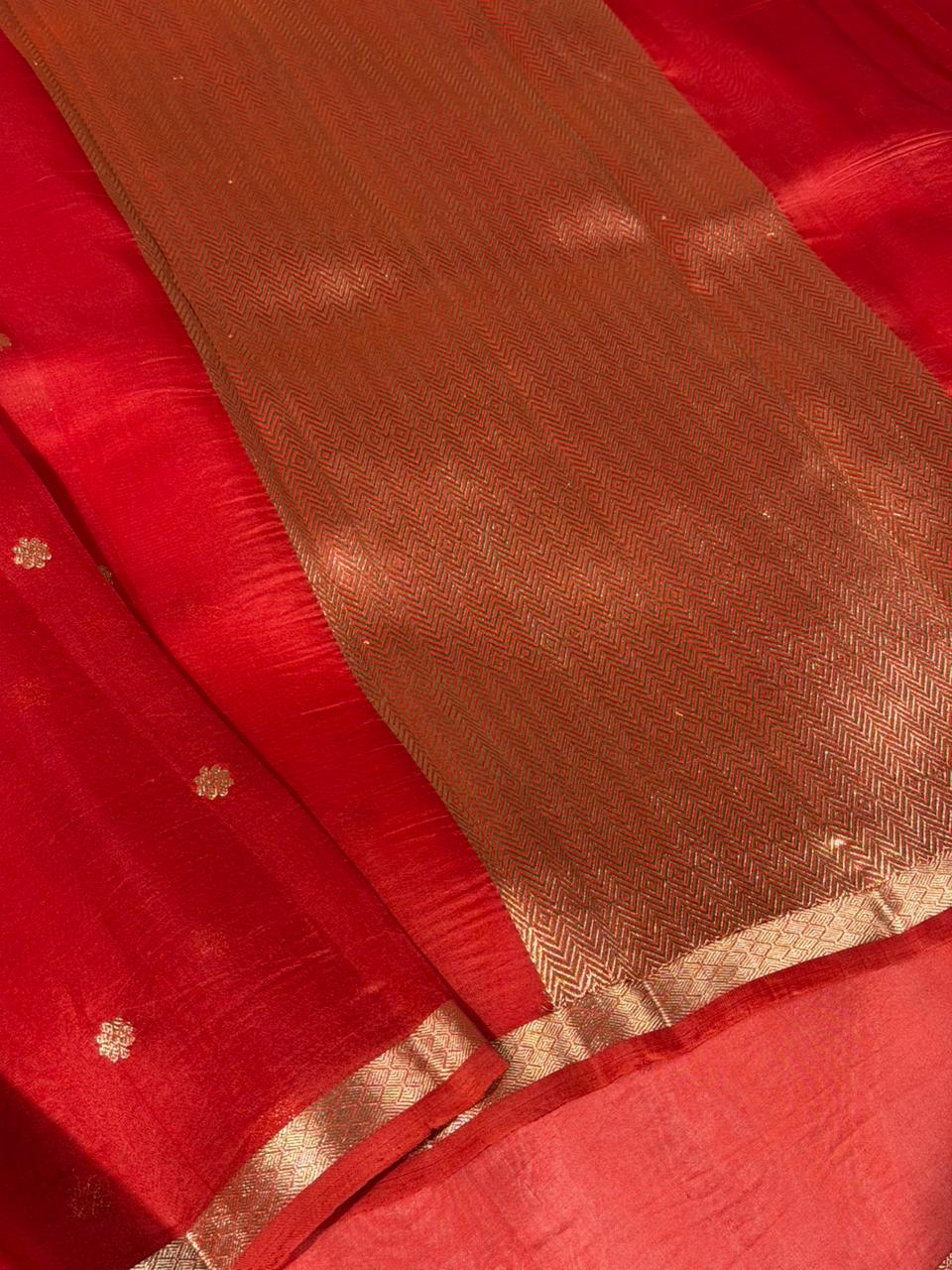 Bright Red Zari Buti Handwoven Organza Banarasi Saree