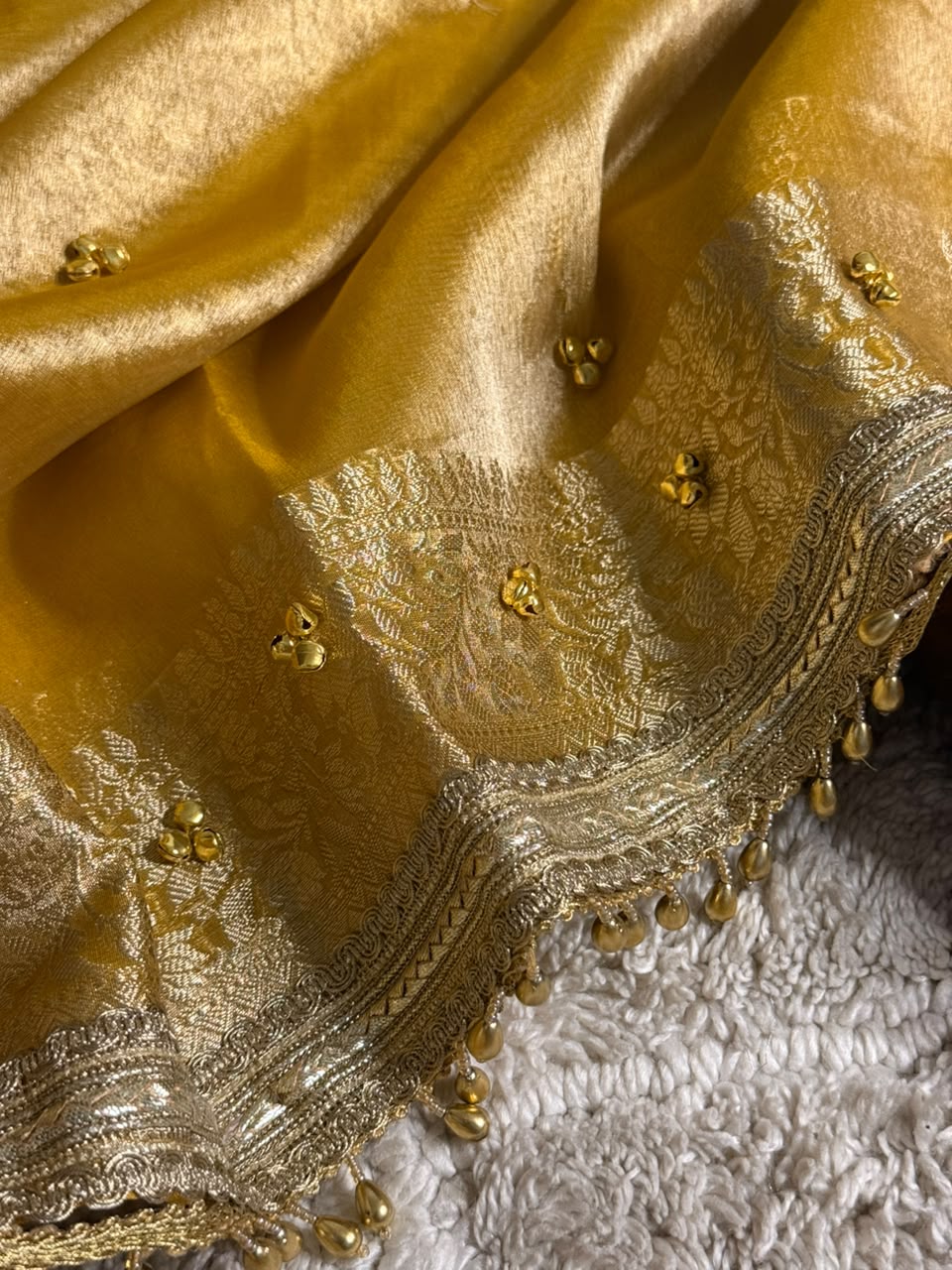 Metallic Yellow Kora Tissue Viral Ghungroo Saree