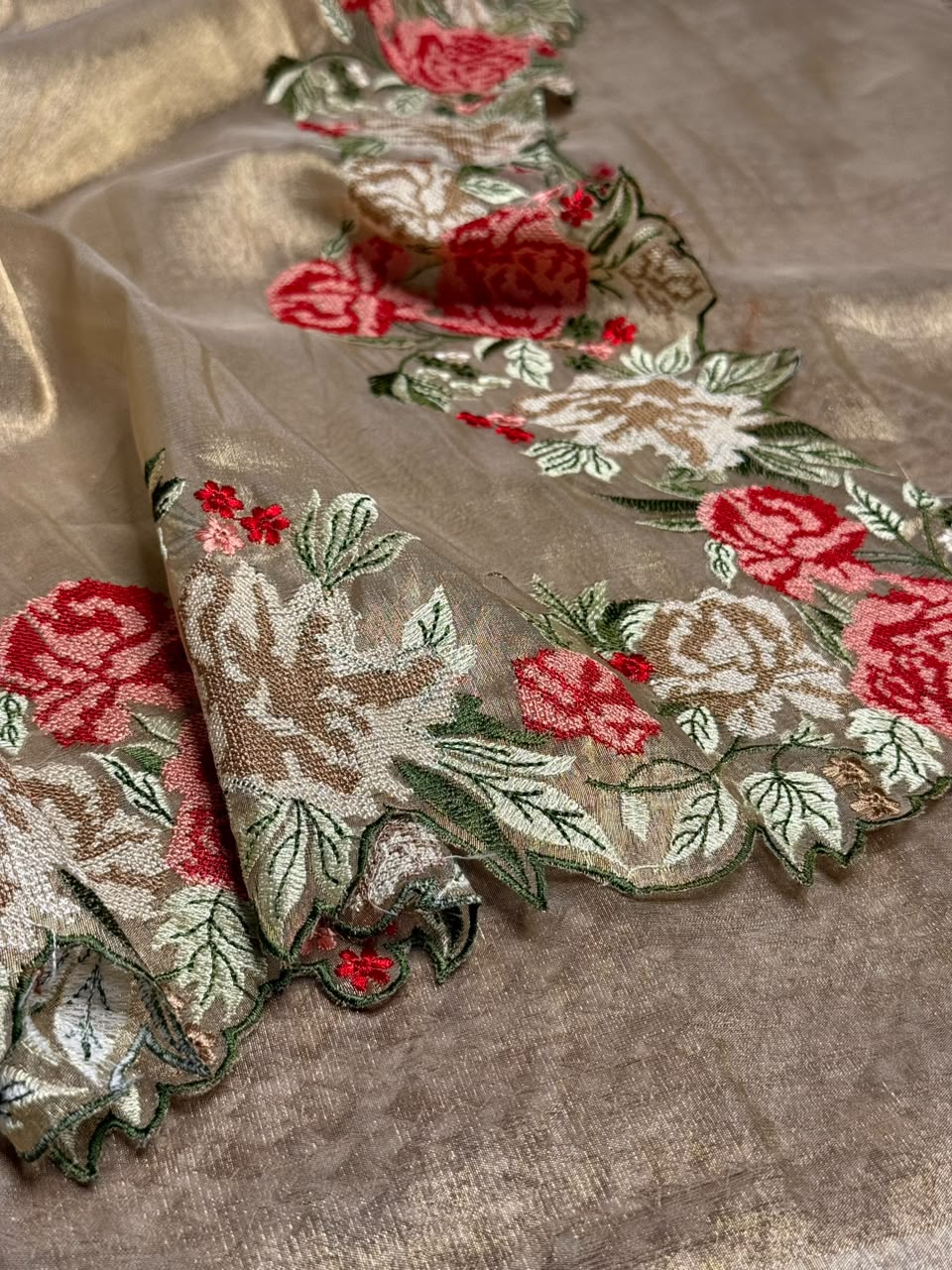 Crochet Embroidered Golden Tissue Silk Banarasi Saree