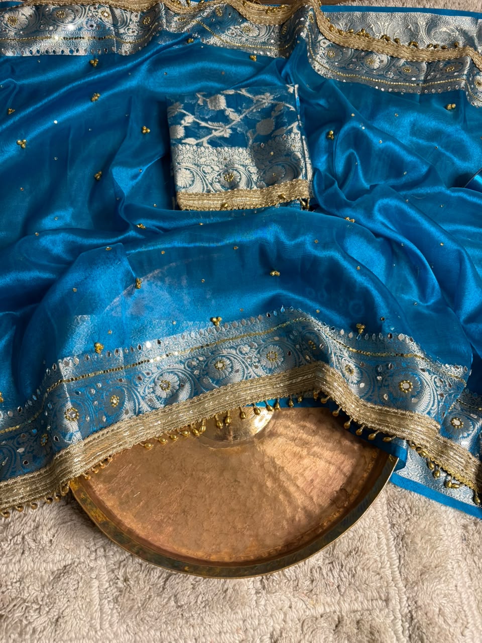 Firozi Blue Kora Tissue Viral Ghungroo Saree