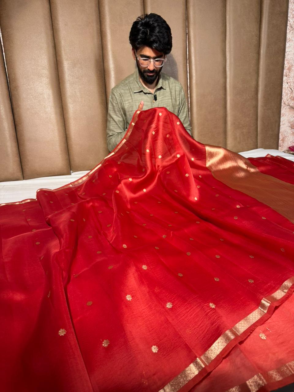 Bright Red Zari Buti Handwoven Organza Banarasi Saree