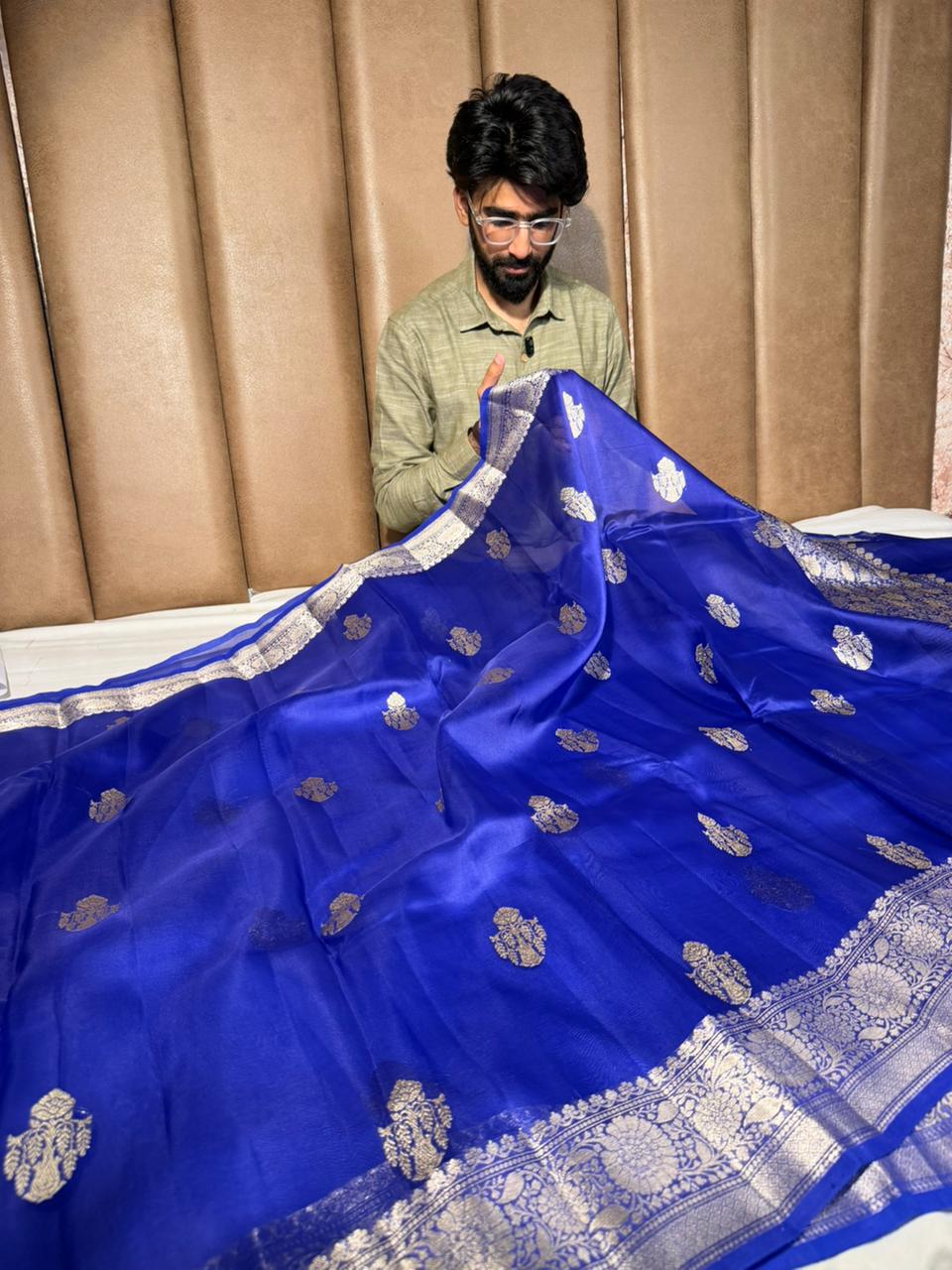 Royal Blue Pure Organza Handloom Banarasi Saree
