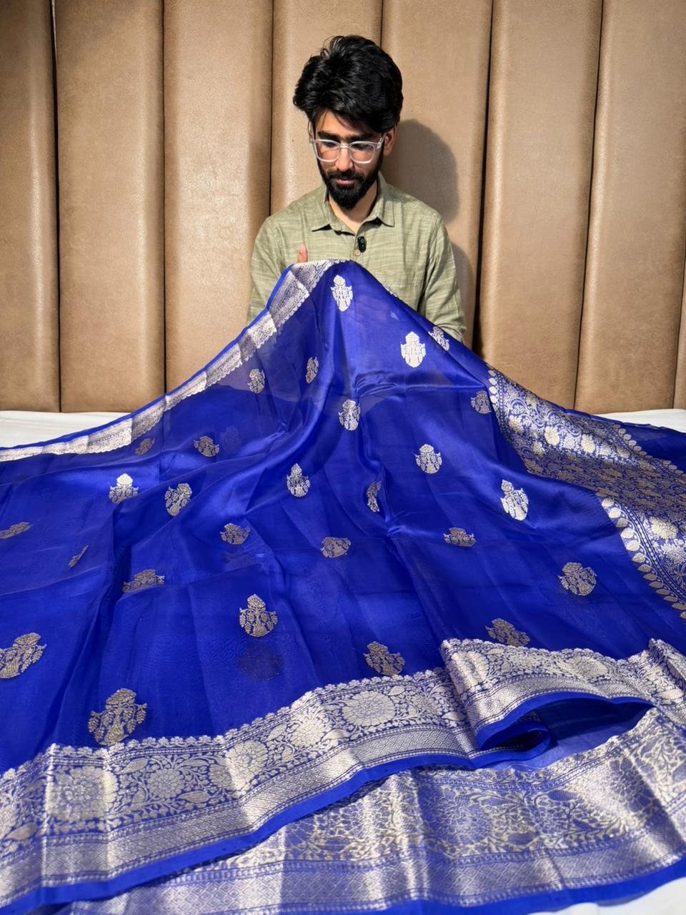 Royal Blue Pure Organza Handloom Banarasi Saree