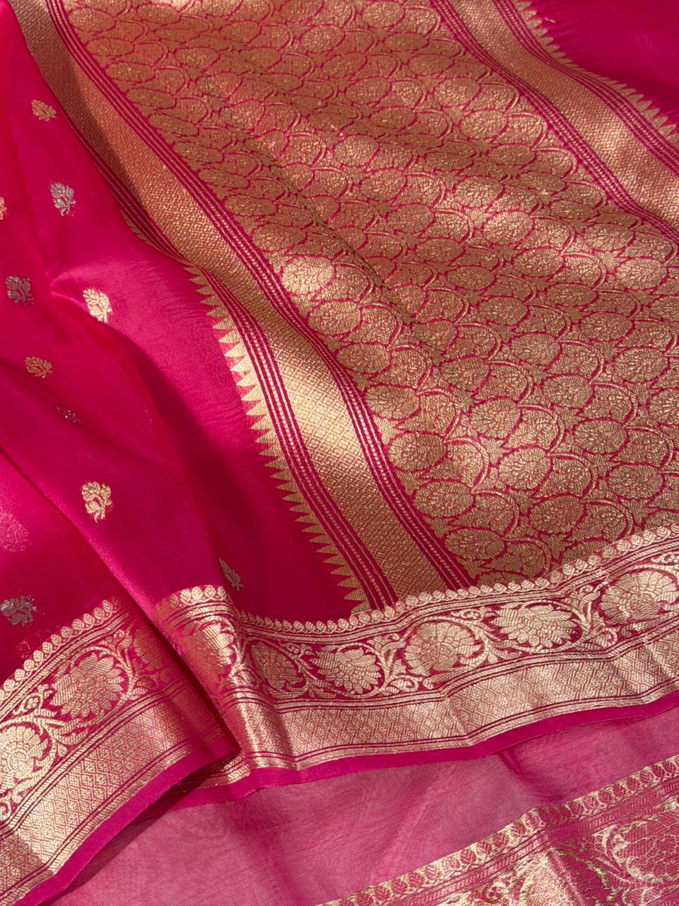Rani Pink Sona Roopa Buti Pure Organza Banarasi Saree