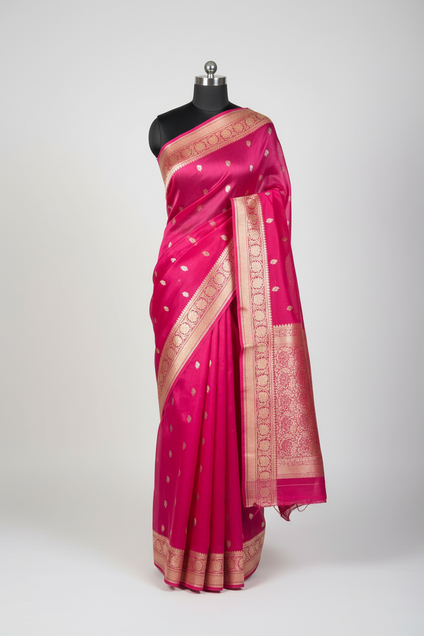 Rani Pink Sona Roopa Buti Pure Organza Banarasi Saree