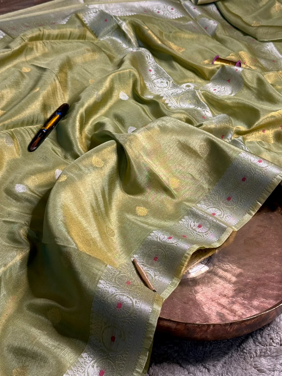 Minted Green Soft Breathable Tissue Khaddi Buti Saree