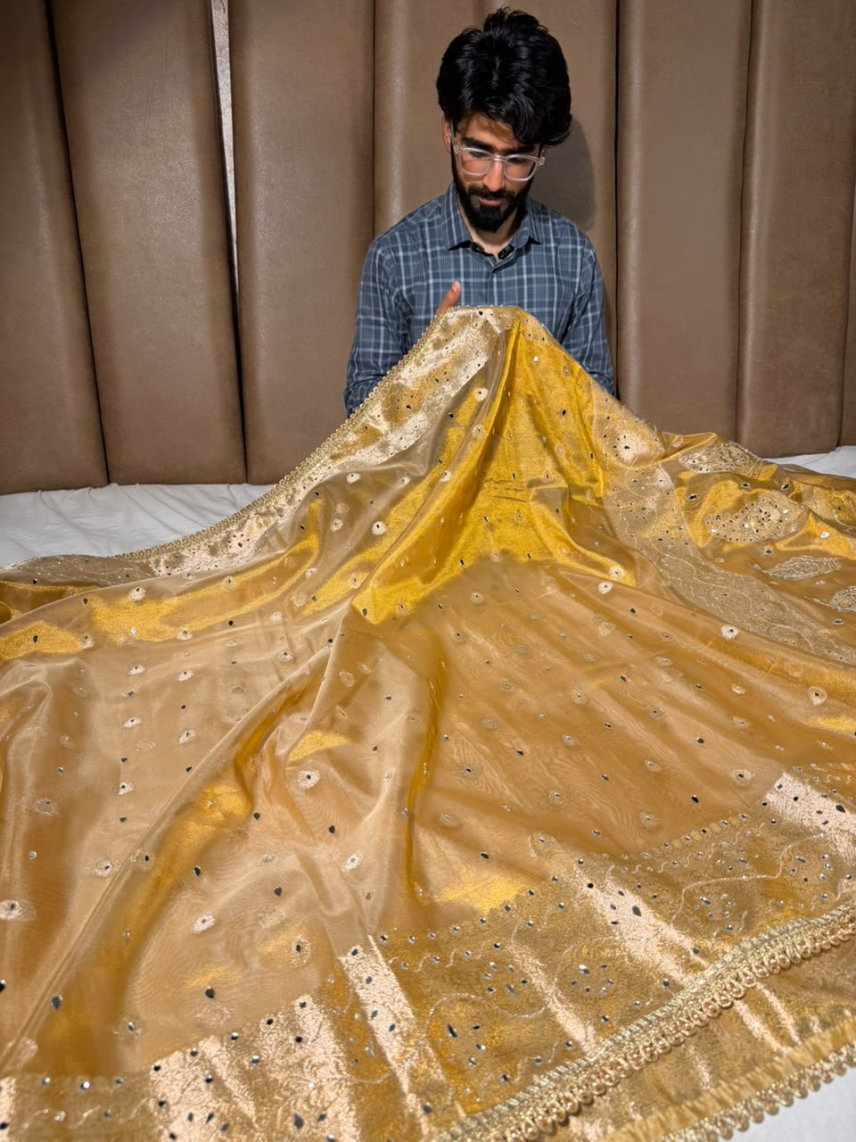 Never Seen Copper Gold Tissue Mirror Work Saree