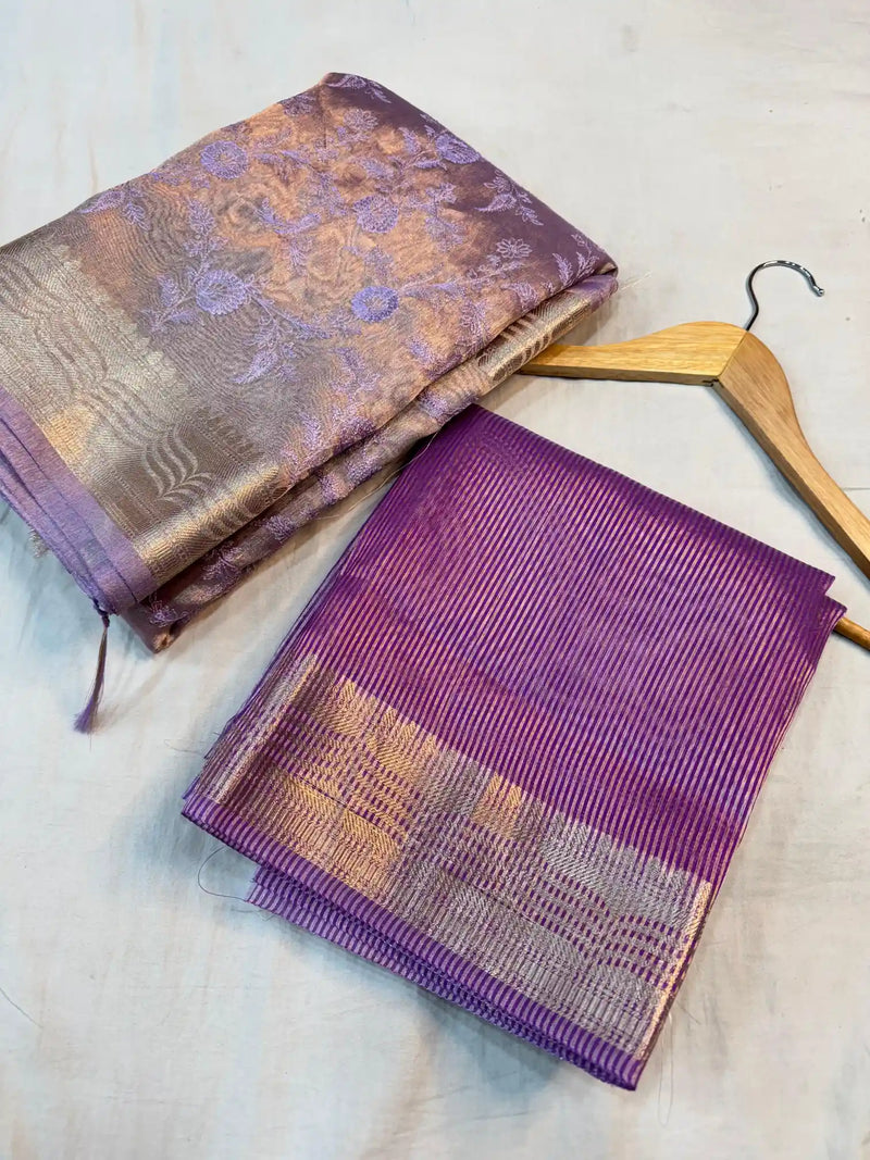 Lavender Banarasi Tissue Silk Chikankari Work Saree