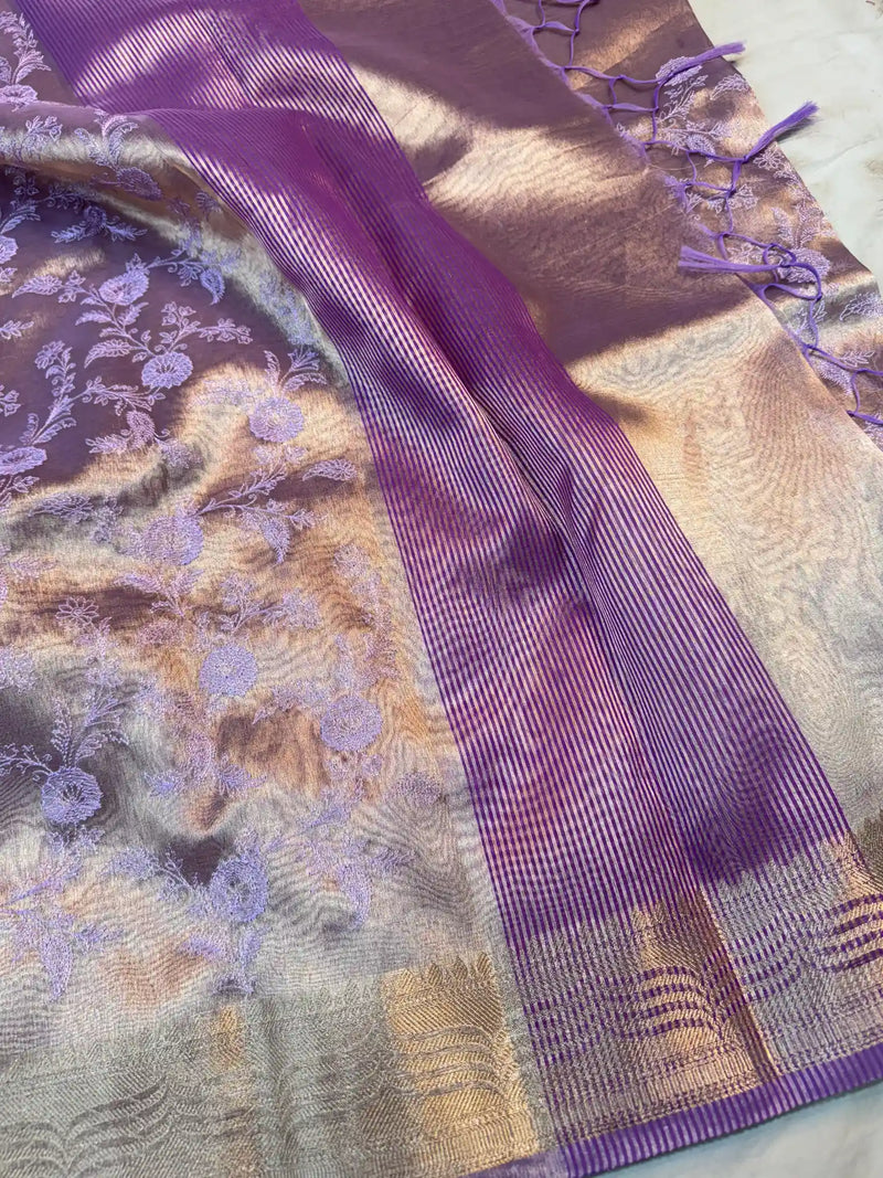 Lavender Banarasi Tissue Silk Chikankari Work Saree