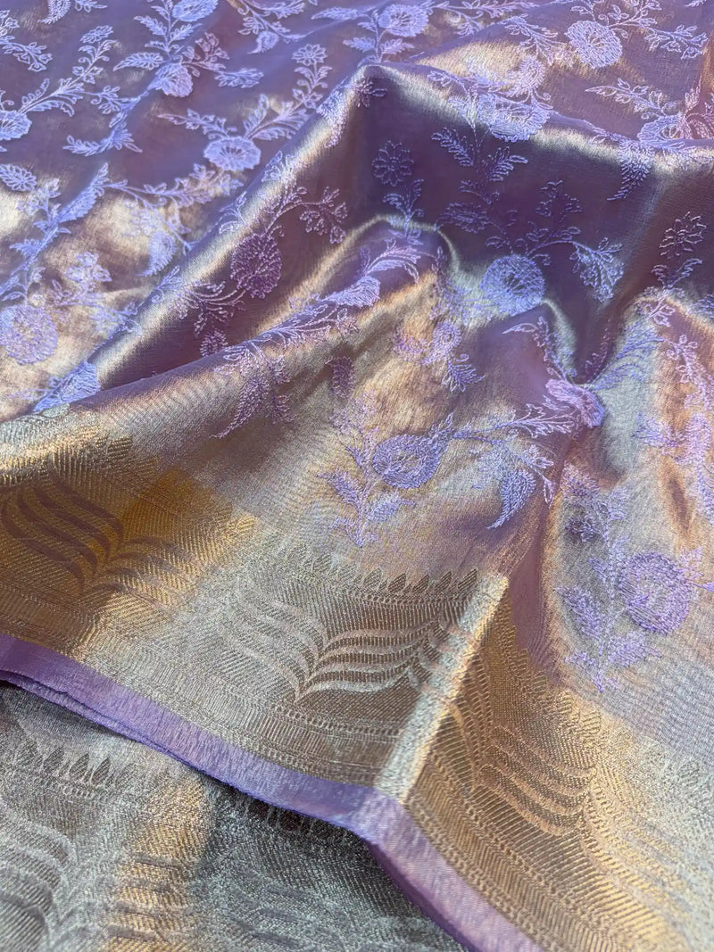 Lavender Banarasi Tissue Silk Chikankari Work Saree