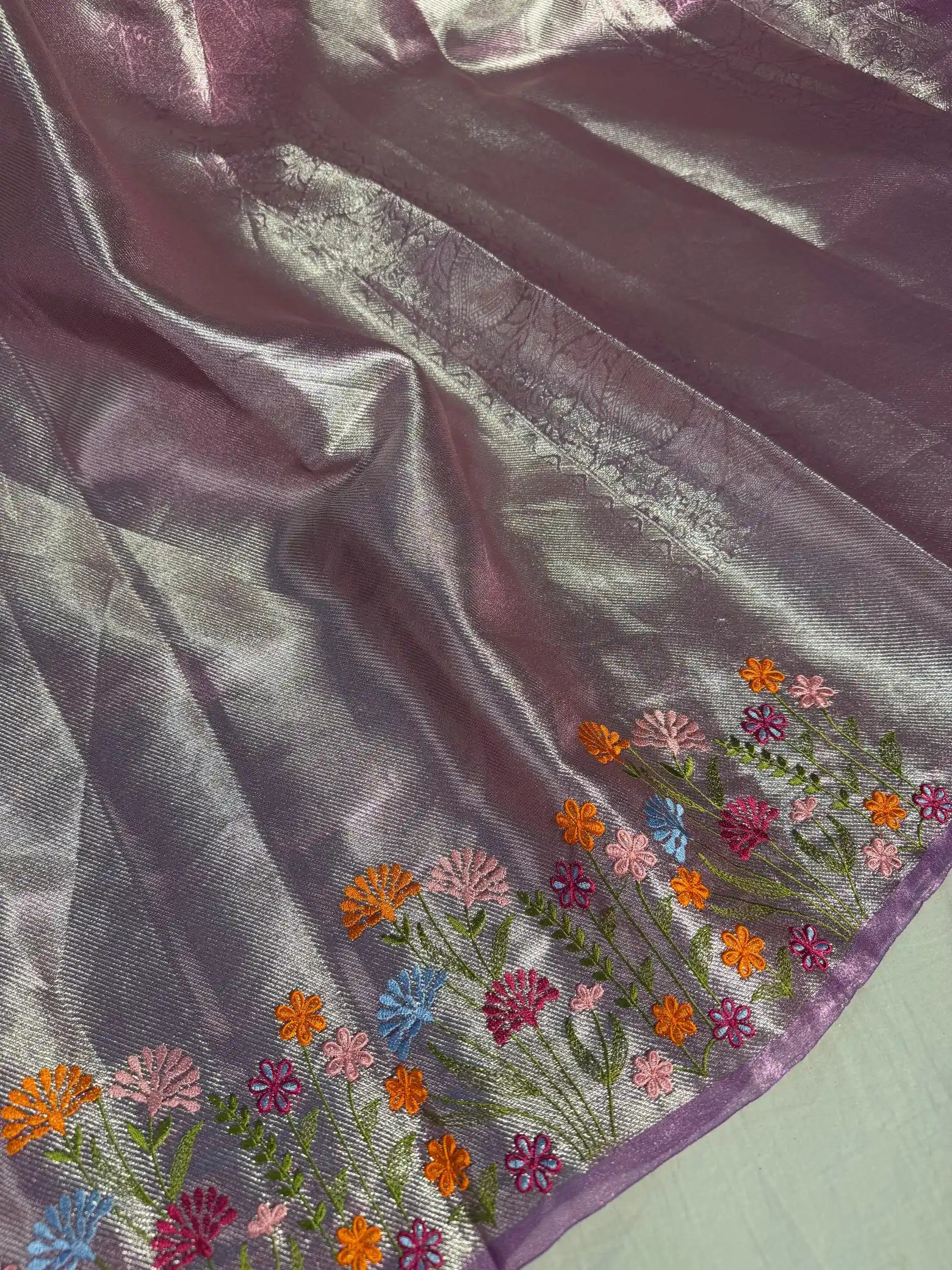 Lavender Designer Tissue Silk Saree with Rich Border Chikankari and pallu