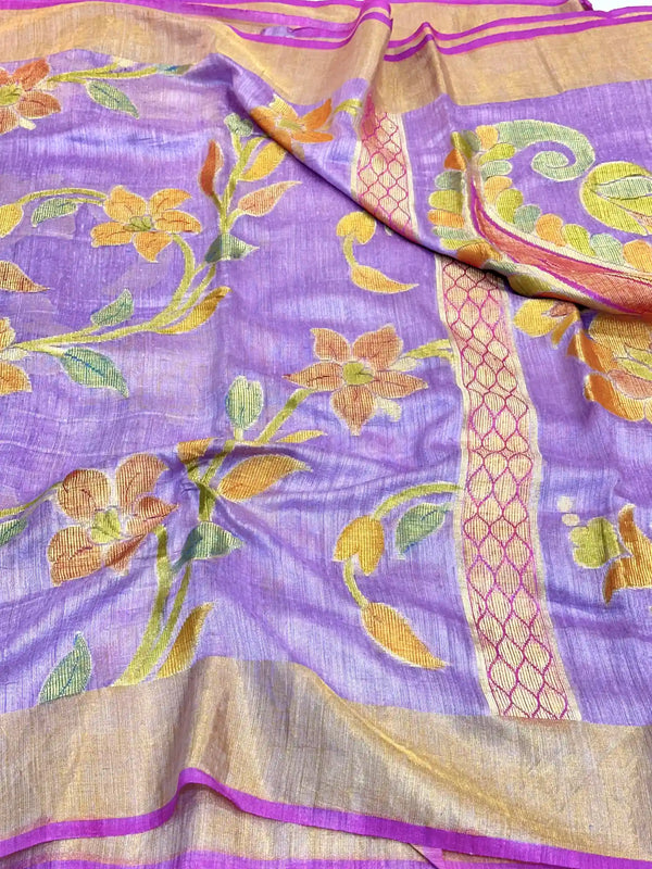 Lavender Pure Matka Silk Floral Banarasi Saree