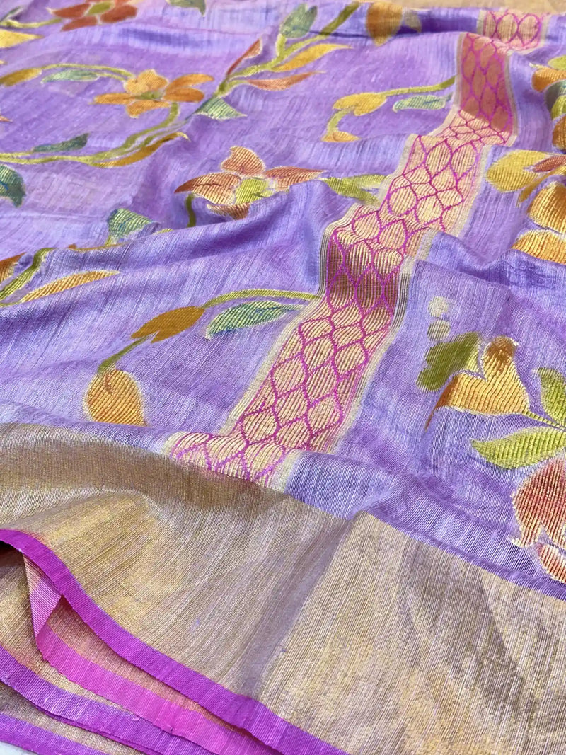 Lavender Pure Matka Silk Floral Banarasi Saree