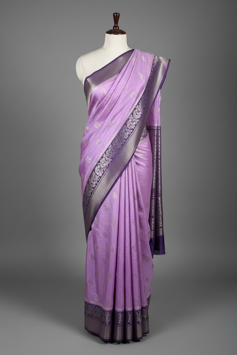Lavender Raw Chinia Silk Flower Buta Banarasi Saree