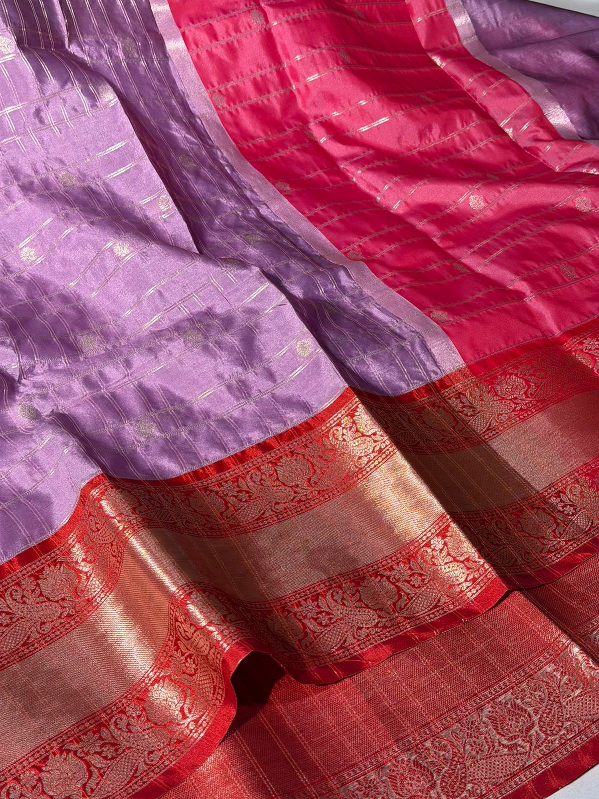Lavender Red Checks Weave Softsilk Banarasi Saree