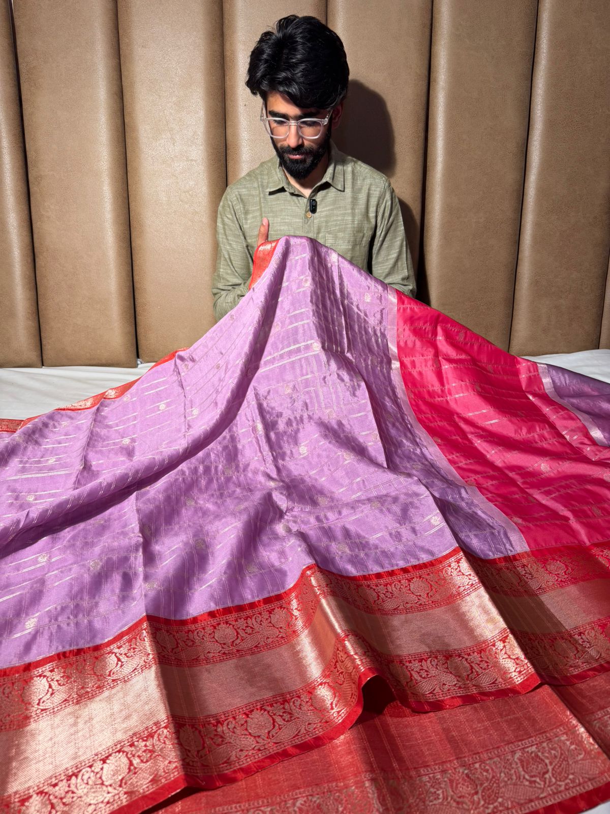 Lavender Red Checks Weave Softsilk Banarasi Saree