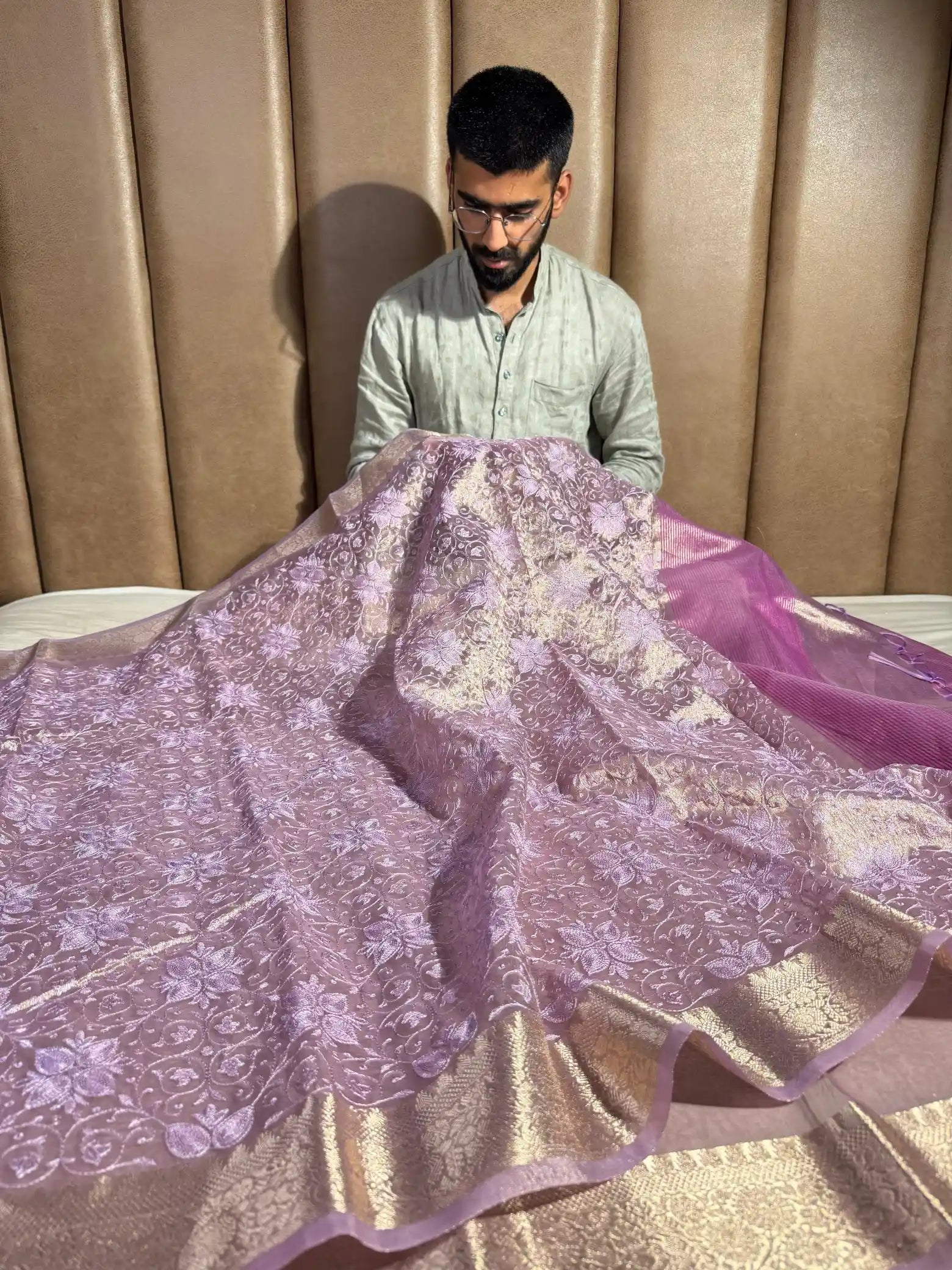 Lavender Shade Exclusive Soft Tissue Silk Banarasi Saree with Premium Chikankari Embroidery Work
