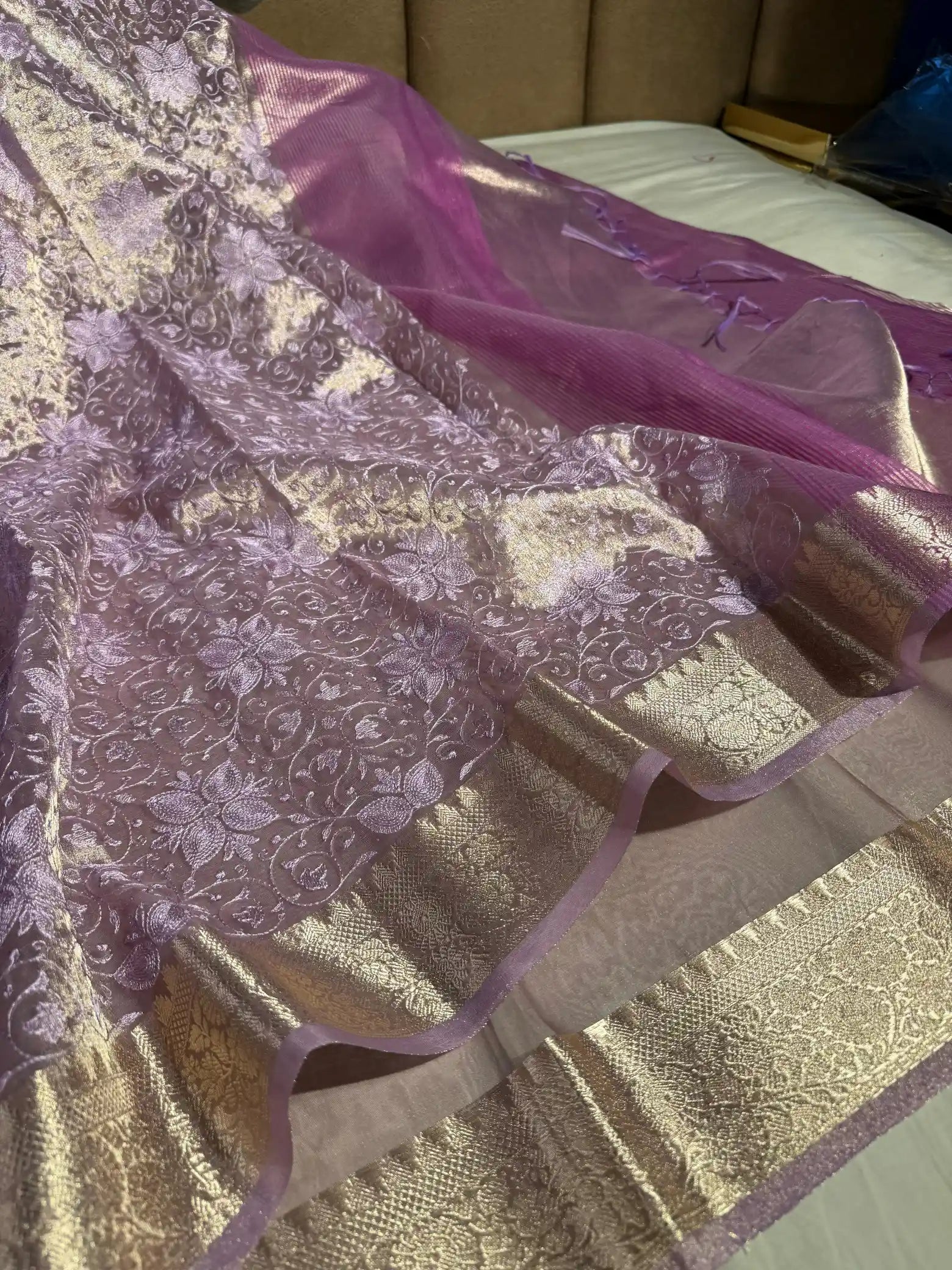 Lavender Shade Exclusive Soft Tissue Silk Banarasi Saree with Premium Chikankari Embroidery Work
