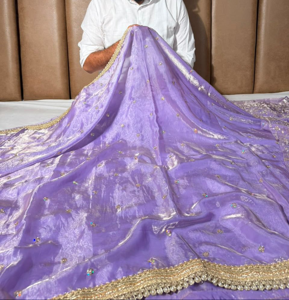 Lavender Shimmery Tissue Silk Embroidered Lace Work Saree