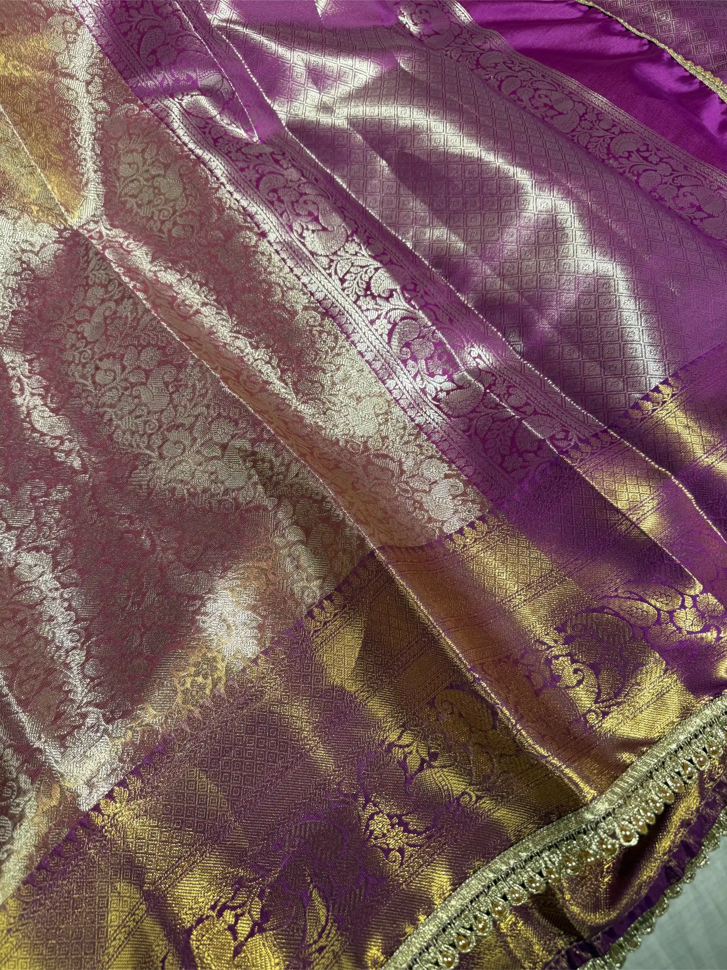 Lavender Tissue Silk Bridal Kanjivaram Designer Lace Attached Banarasi Saree