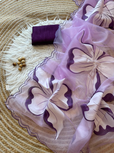 Lavender Shade Kora Organza Saree With Hand Painted Work 