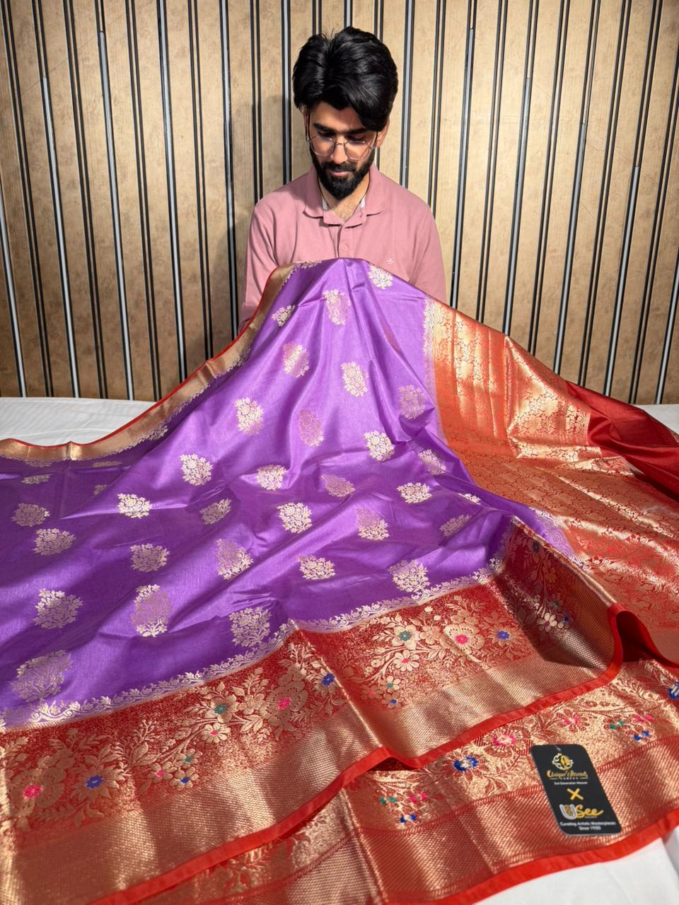 Lavender Red Shade Premium Raw Dupion Silk Banarasi Saree