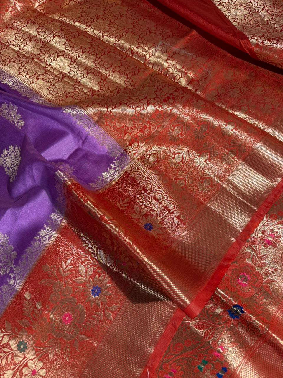Lavender Red Shade Premium Raw Dupion Silk Banarasi Saree