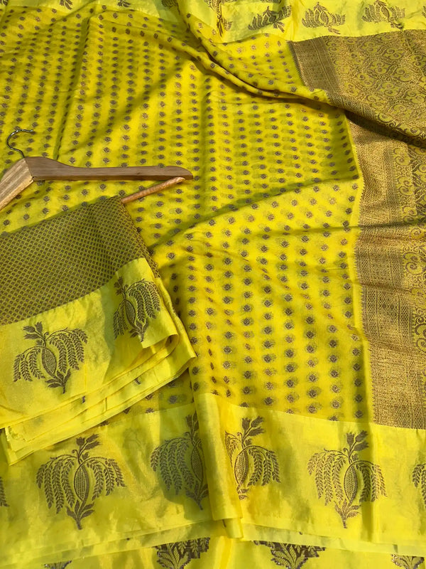 Lemon Yellow Chiniya silk zari Buti Banarasi Saree