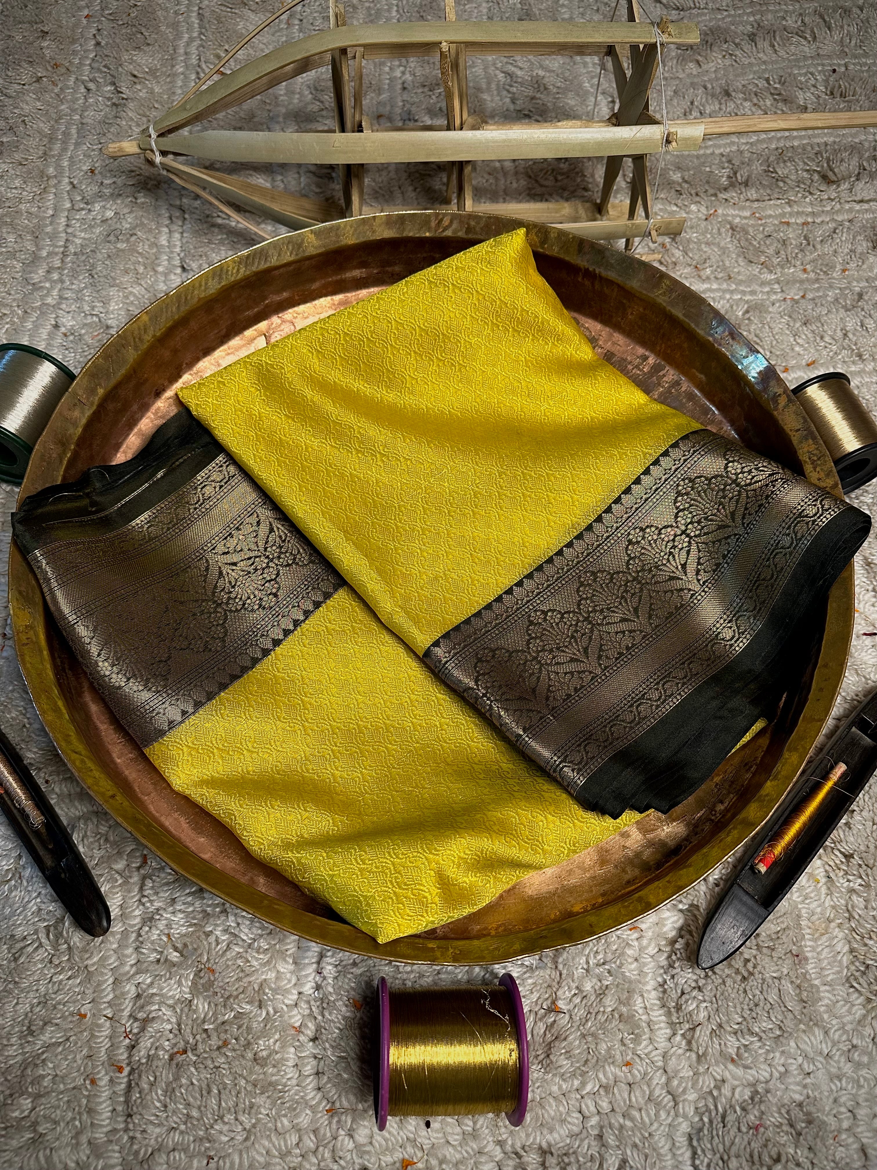Lemon Yellow Kora Muslin Banarasi Saree