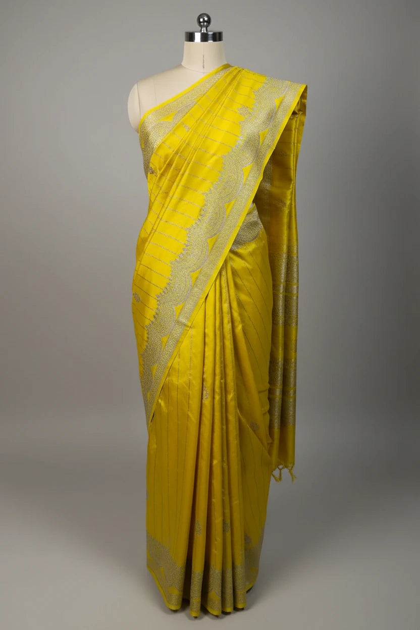 Lemon Yellow Mashru Katan Silk Contemporary Weave Banarasi Saree