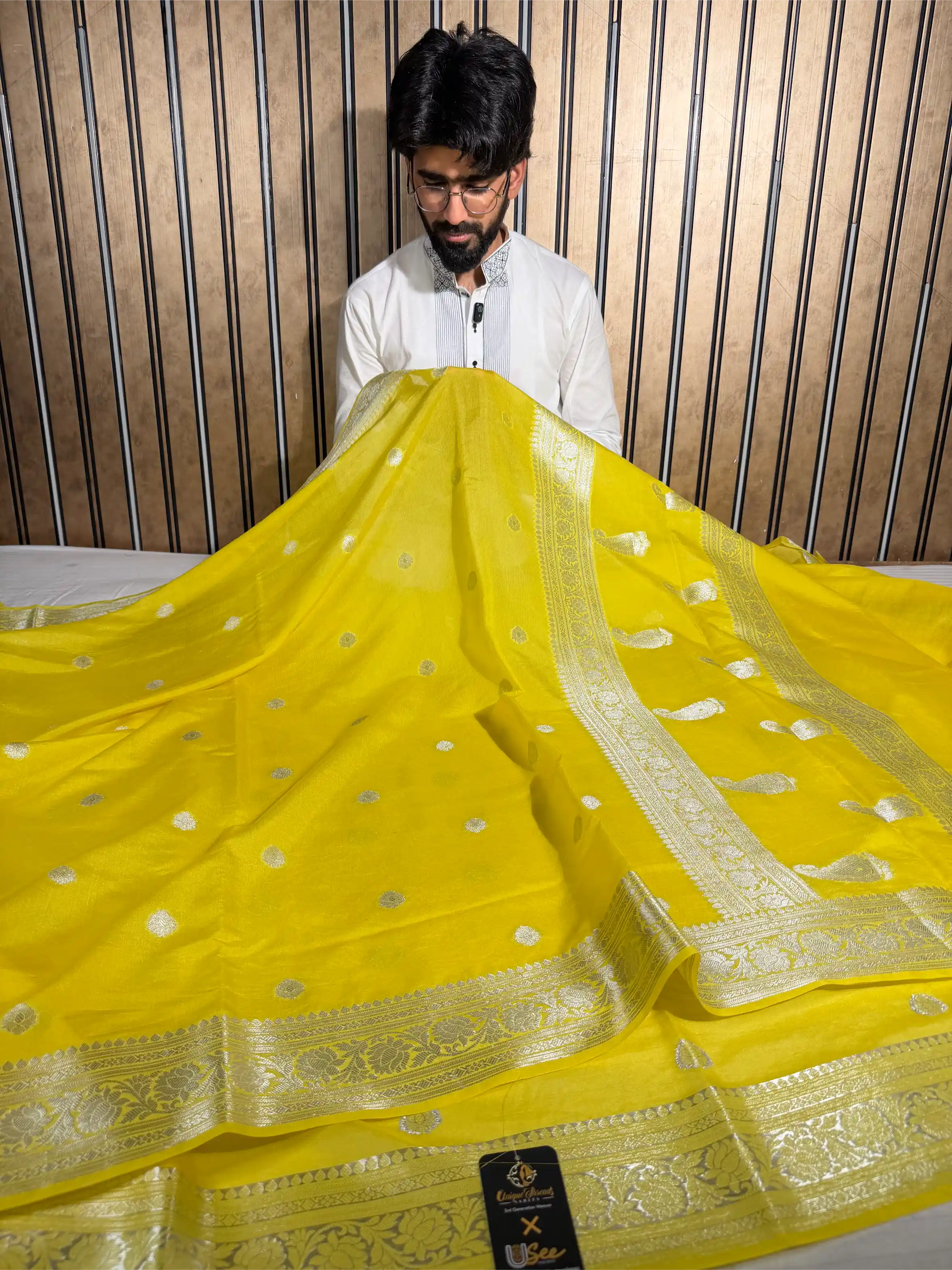 Lemon Yellow Soft Georgette Khaddi Buti Banarasi Saree