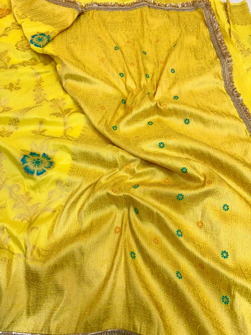Lemon Yellow Chiniya Silk Floral Design Banarasi Sareevvvvvvvvvvvvvv