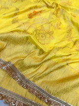 Lemon Yellow Chiniya Silk Floral Design Banarasi Saree