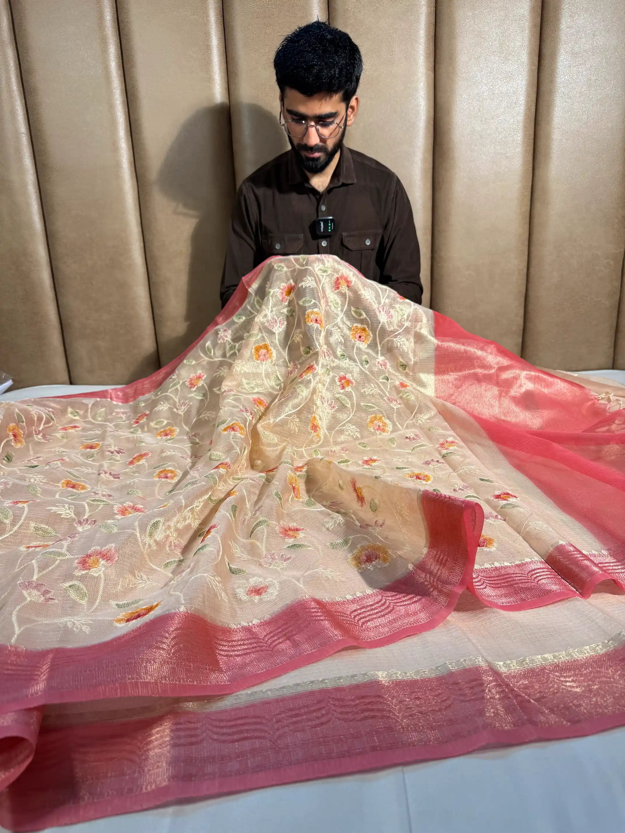 Light Beige Kota Tissue Silk Floral Embroidered Saree