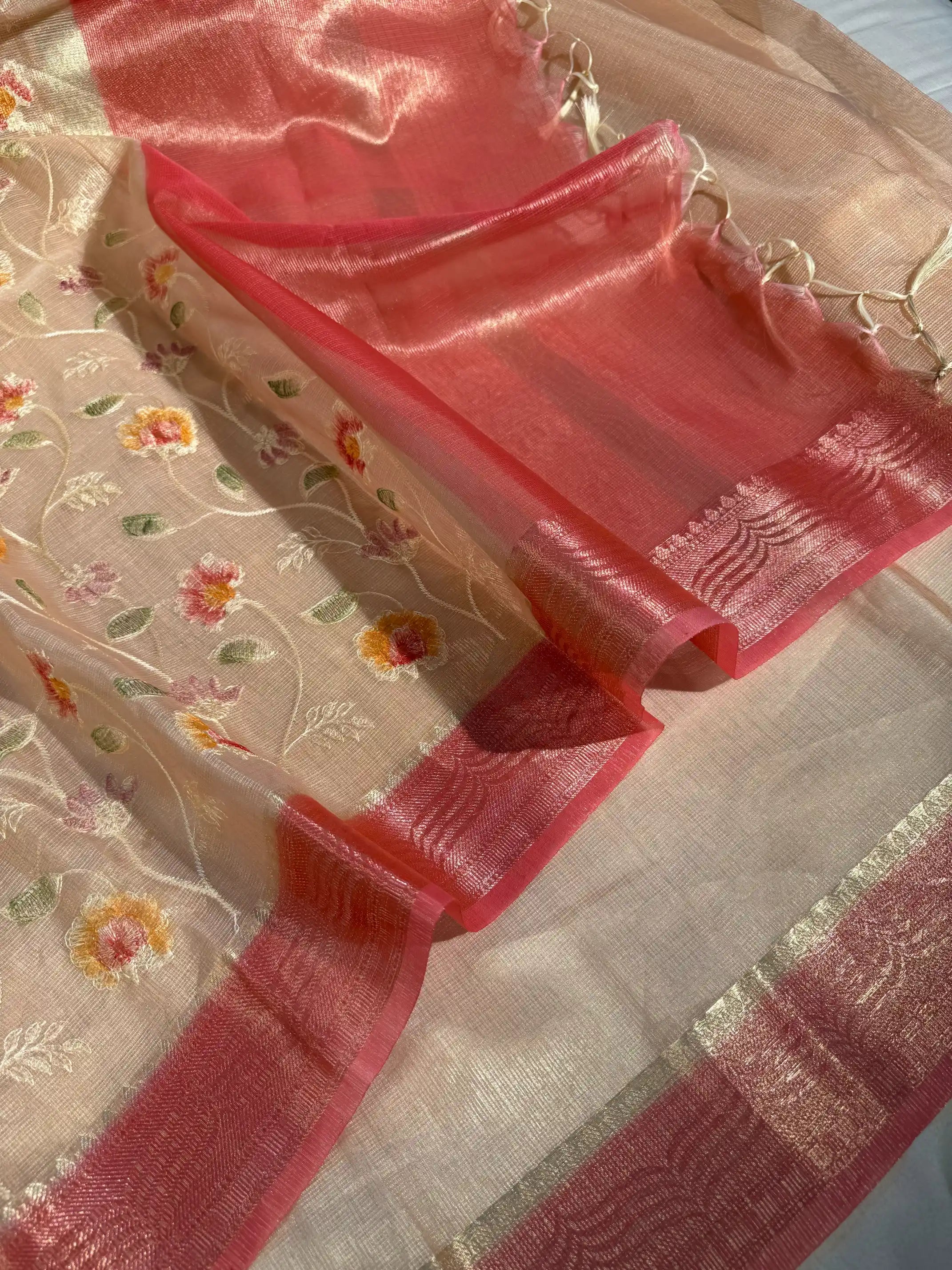Light Beige Kota Tissue Silk Floral Embroidered Saree