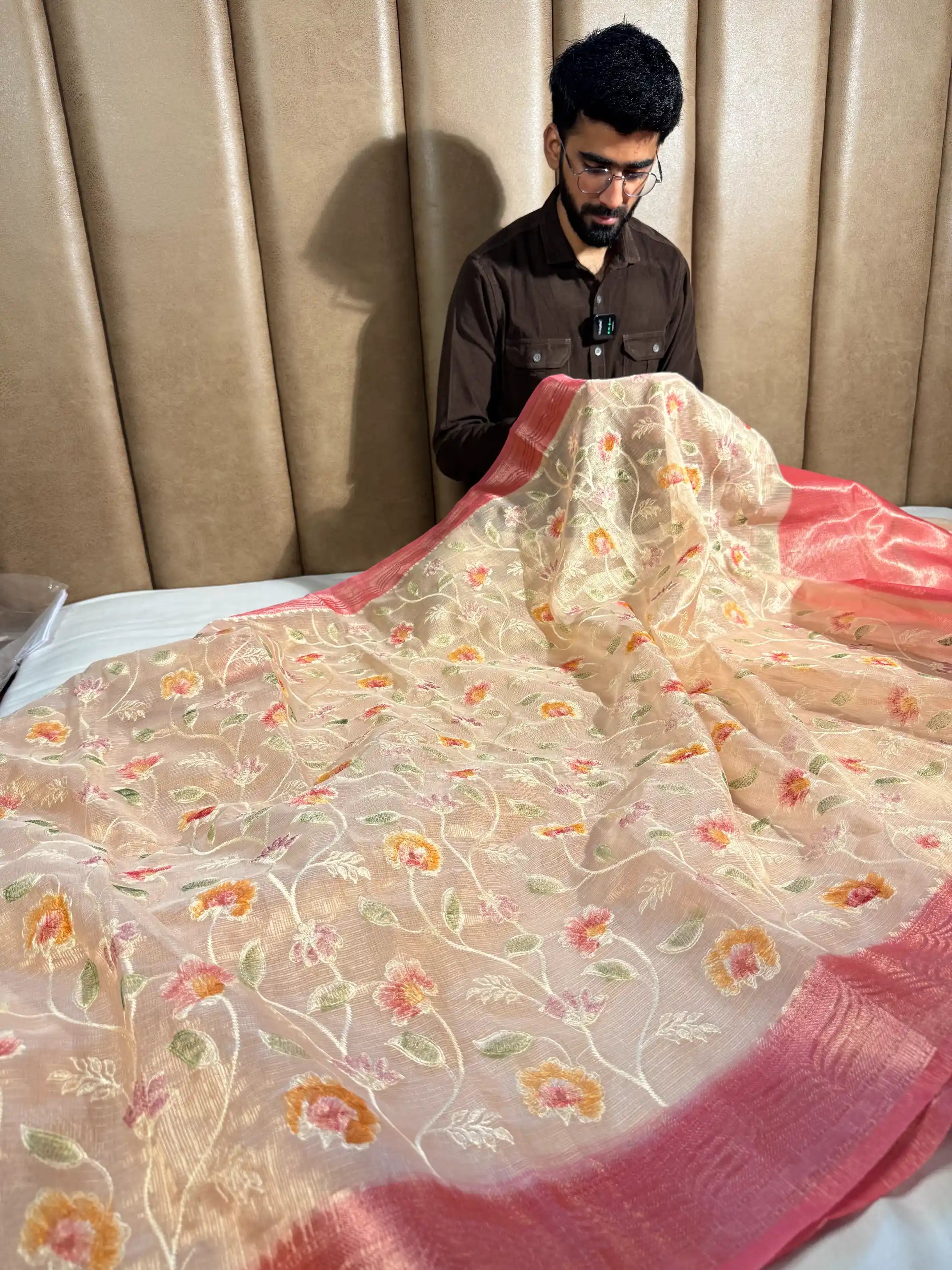 Light Beige Kota Tissue Silk Floral Embroidered Saree