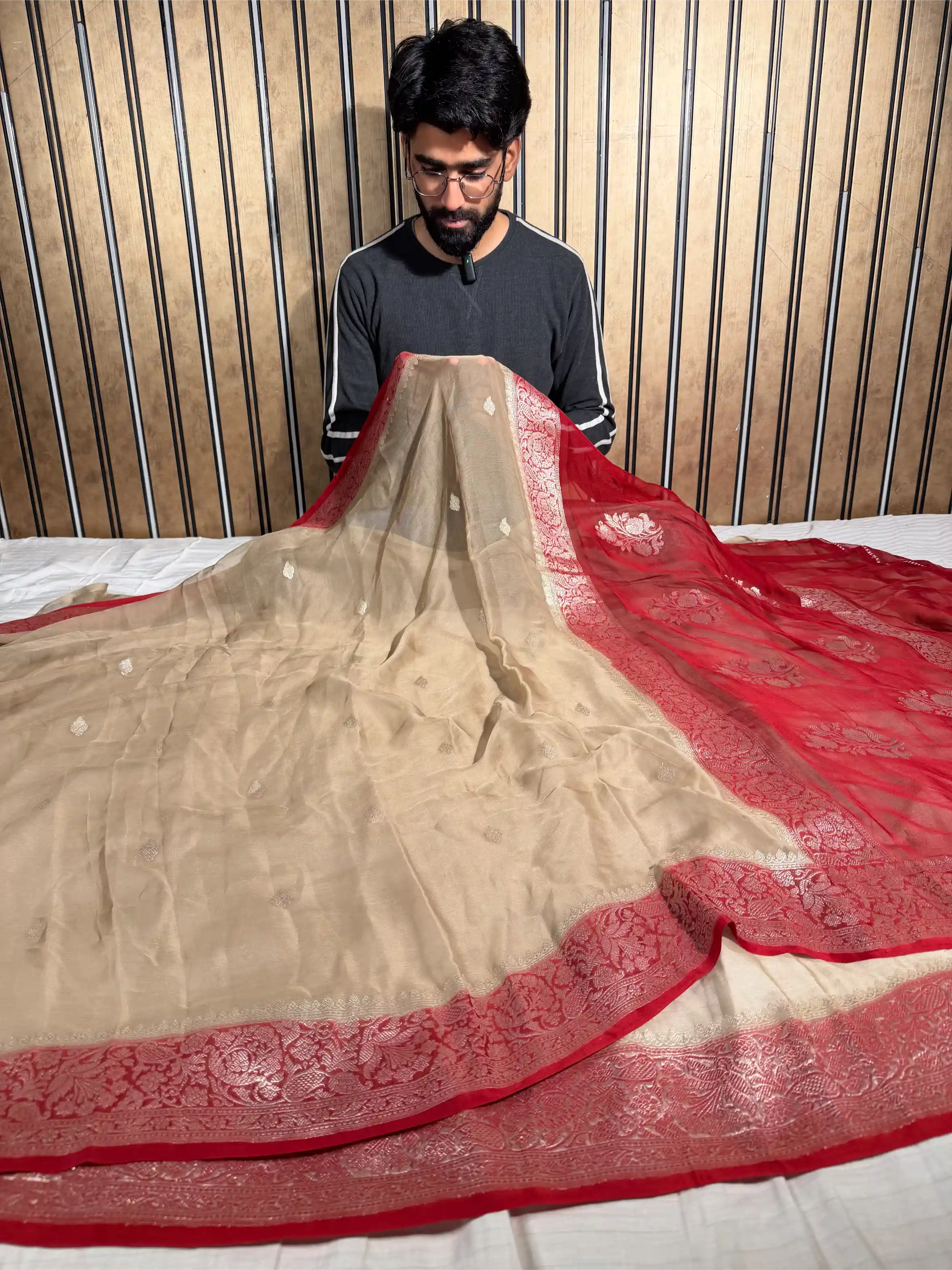 Light Beige Pure Khaddi Chiffon Silk Handwoven Banarasi Saree