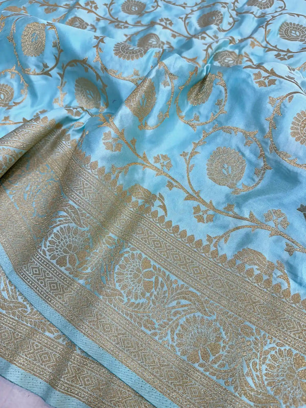 Light Blue Mashru Katan Silk Floral Jaal Banarasi Saree