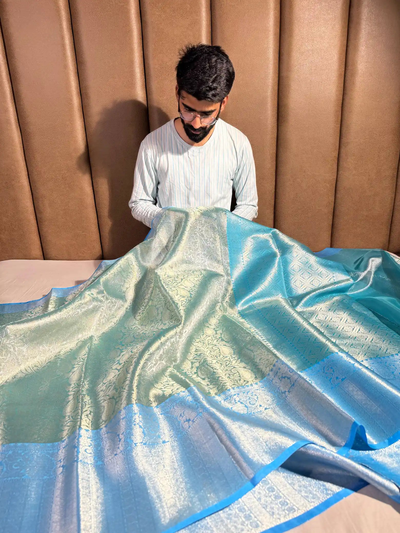 Light Blueish Texture Embossed Soft Tissue Silk Banarasi Saree
