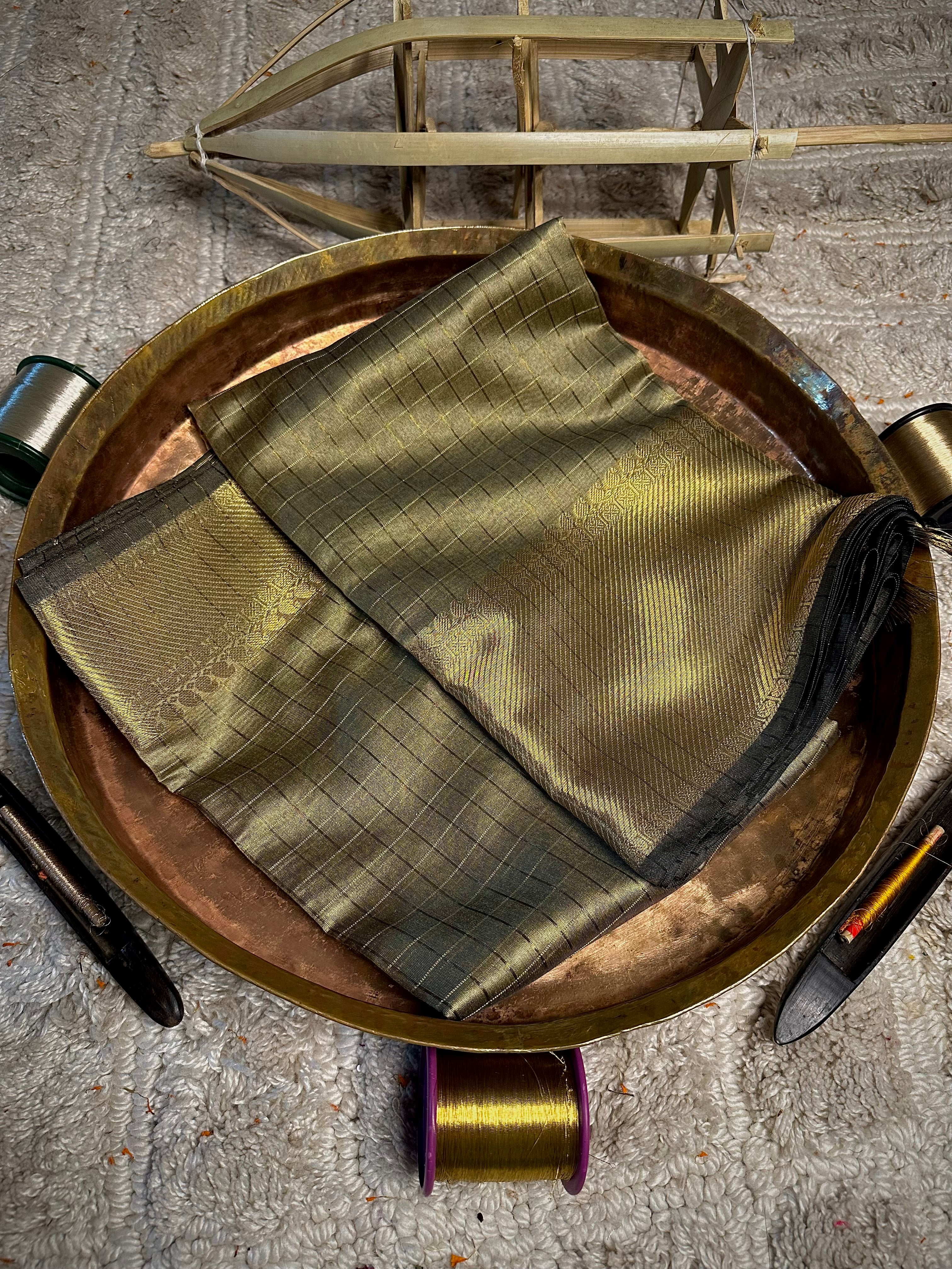 Light Brown Checks Cotton Banarasi Saree