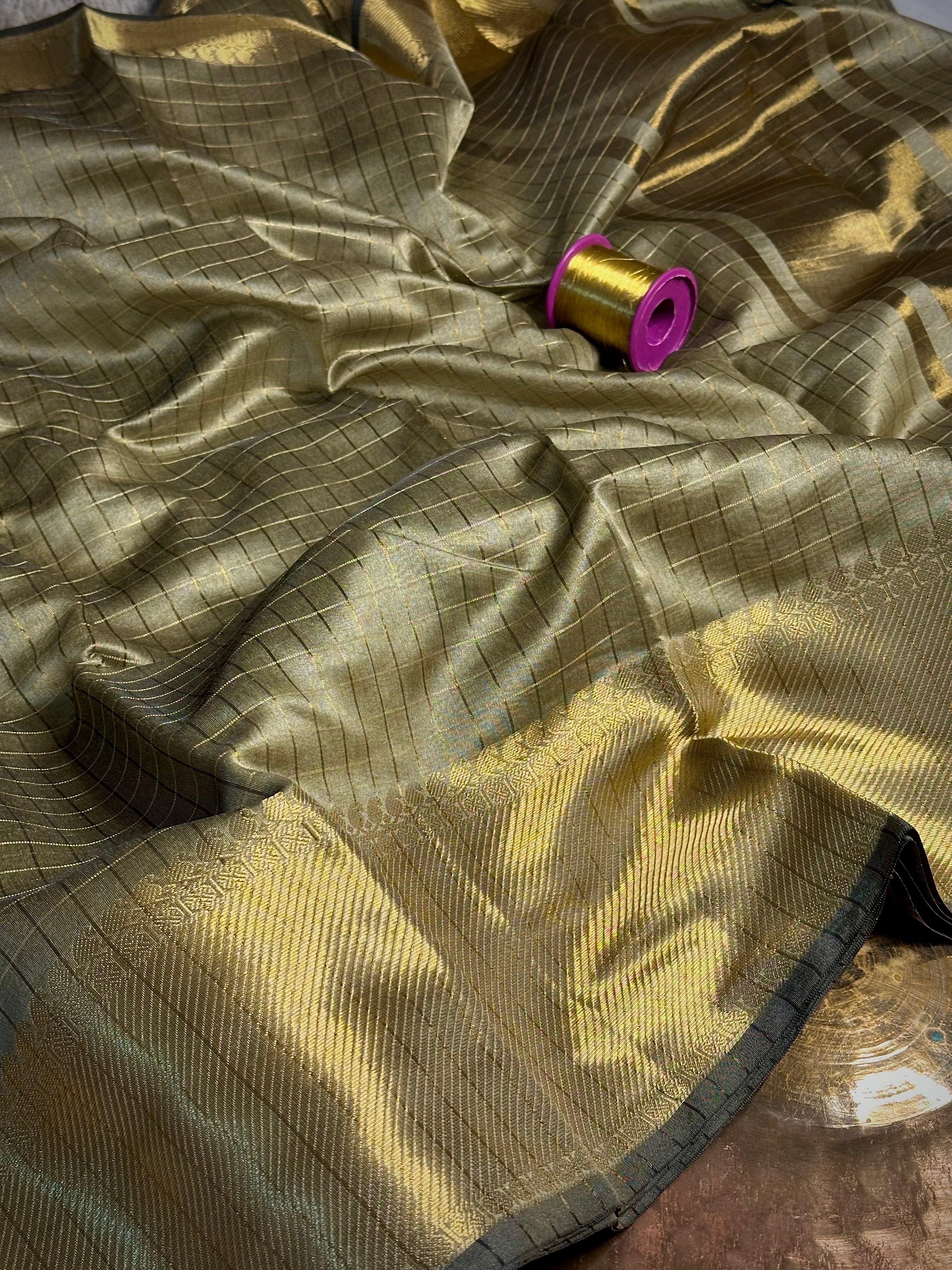 Light Brown Checks Cotton Banarasi Saree