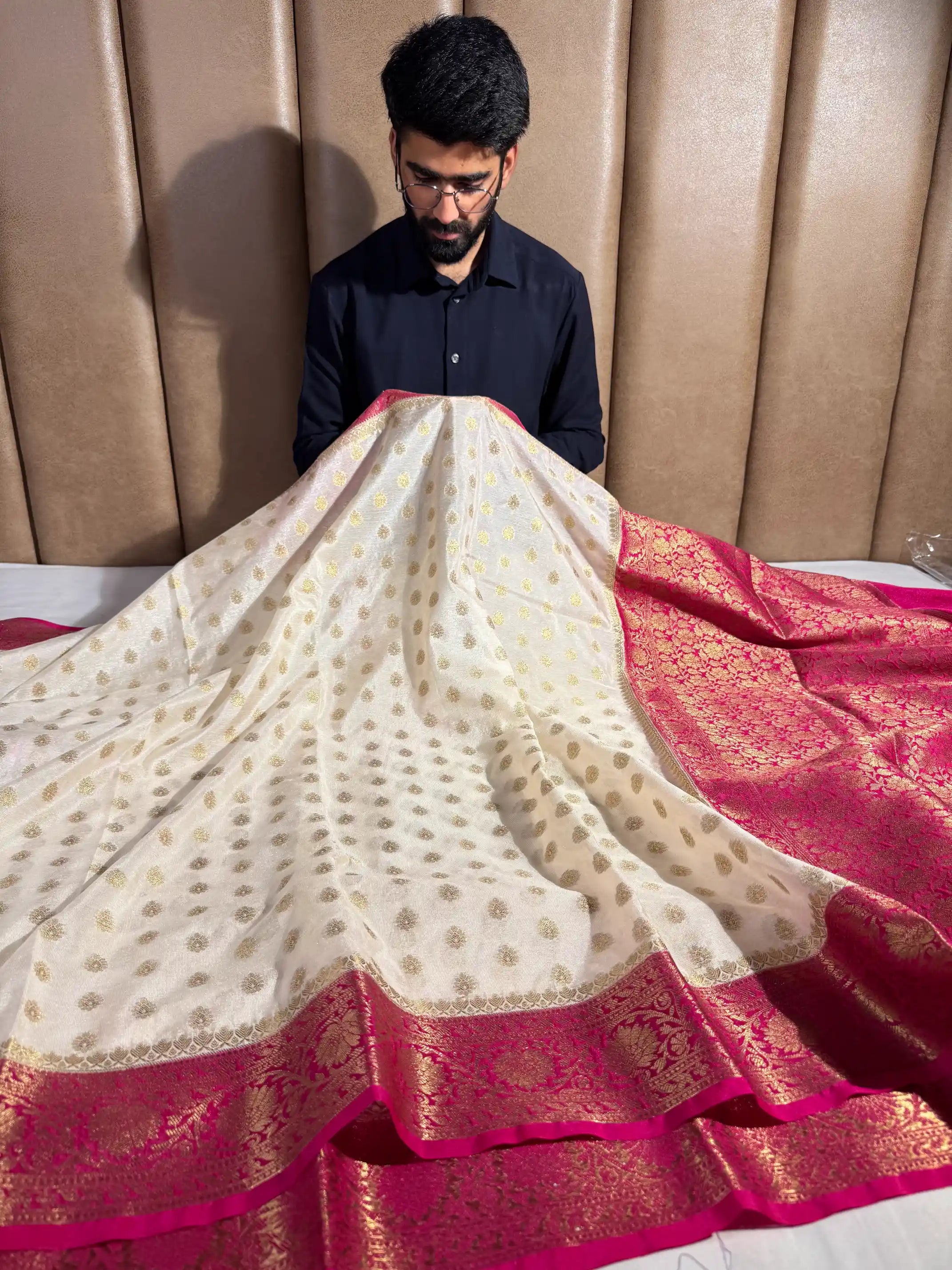 Light Cream Contrast Georgette Traditional Banarasi Saree