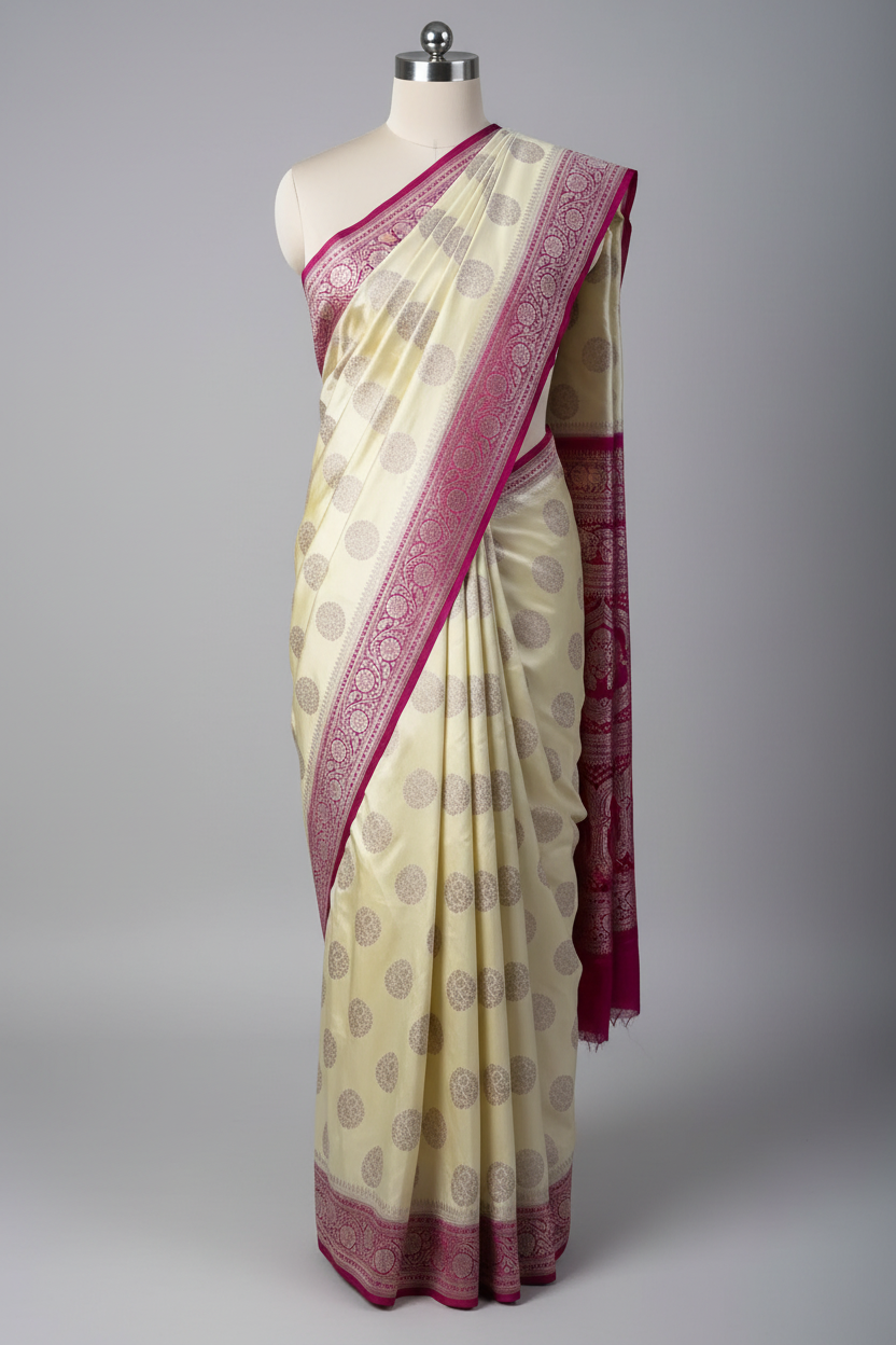 Light Cream Mashru Katan Silk Traditional Buta Banarasi Saree